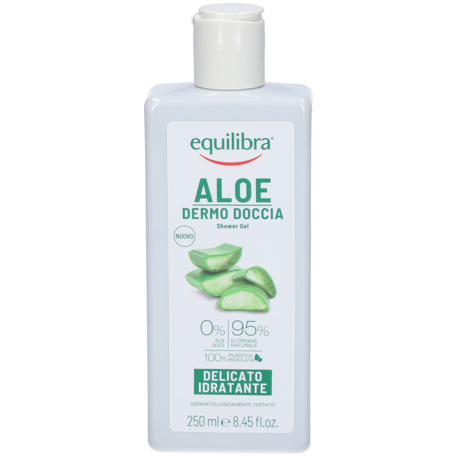 Flacone bianco con tappo a ribalta. Scritta: Equilibra Aloe Dermo Doccia. Illustrazione aloe vera. 250 ml.