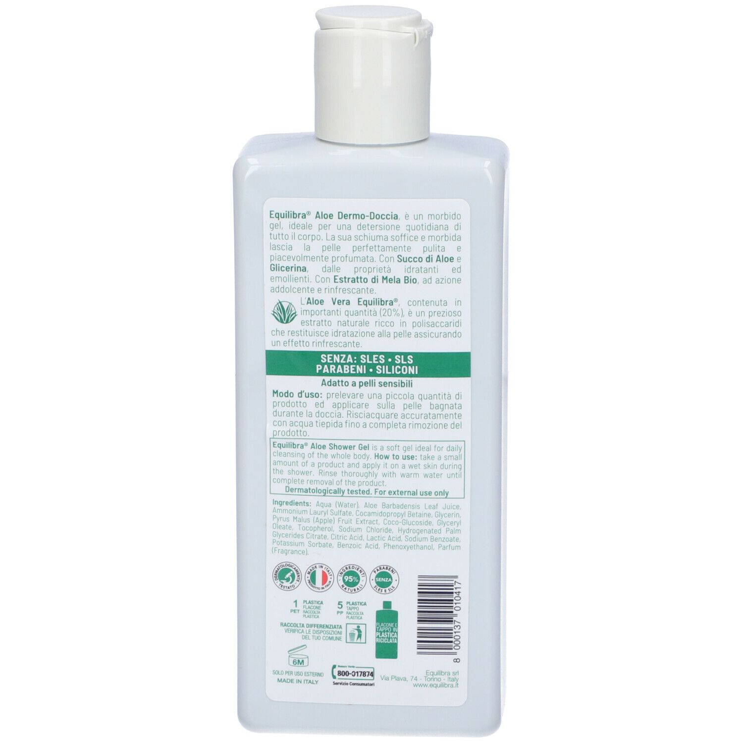 Retro di un flacone bianco. Informazioni testuali e loghi. Contiene ingredienti e istruzioni.