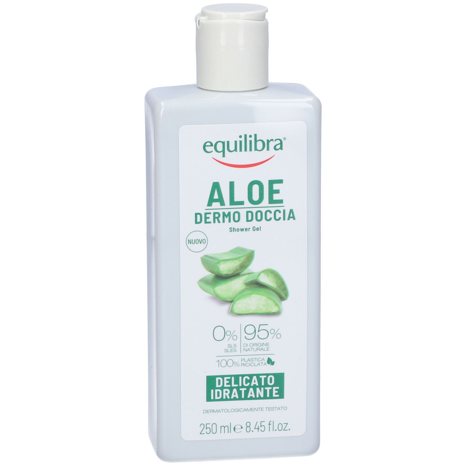 Flacone bianco con tappo a ribalta. Scritta: Equilibra Aloe Dermo Doccia. Illustrazione aloe vera. 250 ml.
