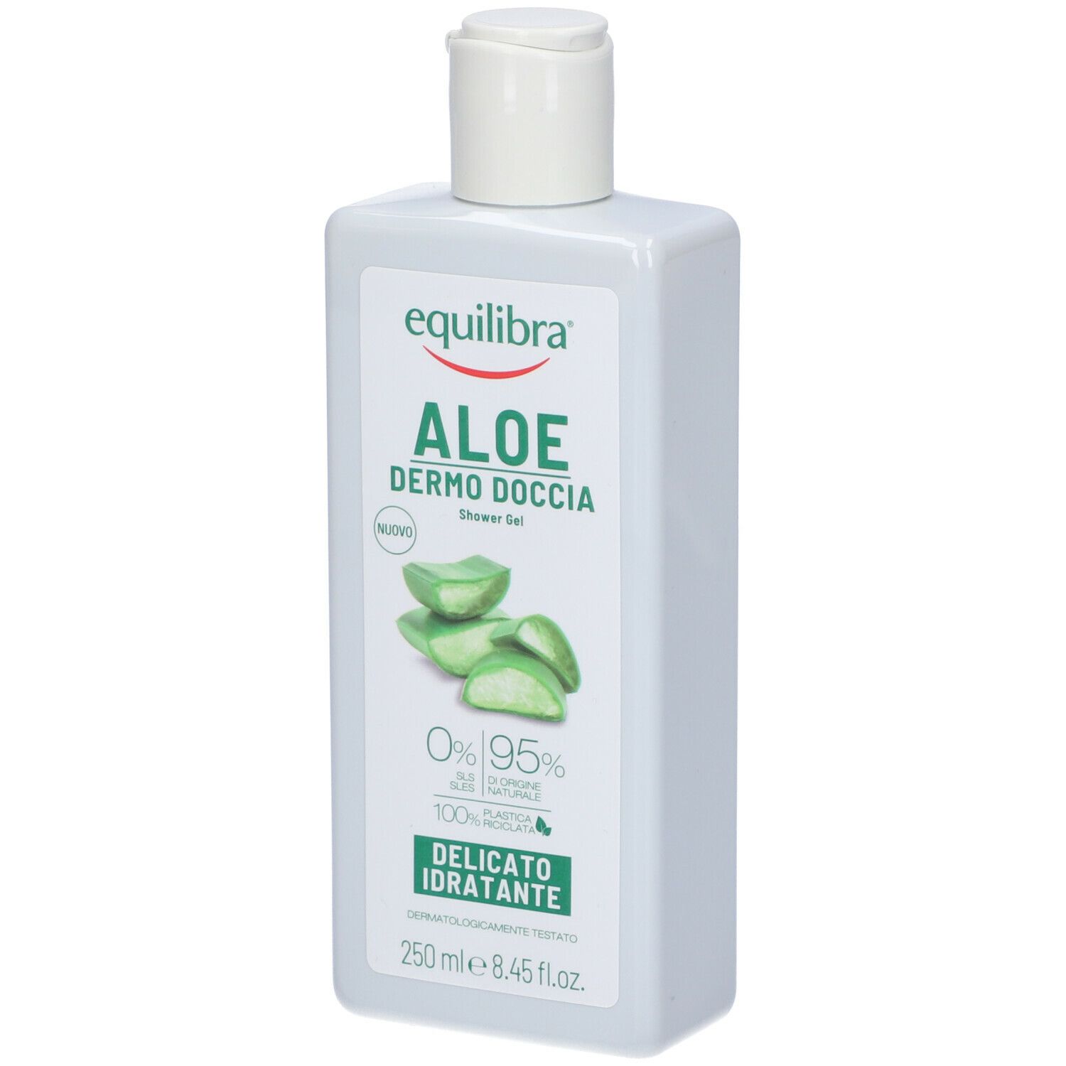 Flacone bianco con tappo a ribalta. Scritta: Equilibra Aloe Dermo Doccia. Illustrazione aloe vera. 250 ml.
