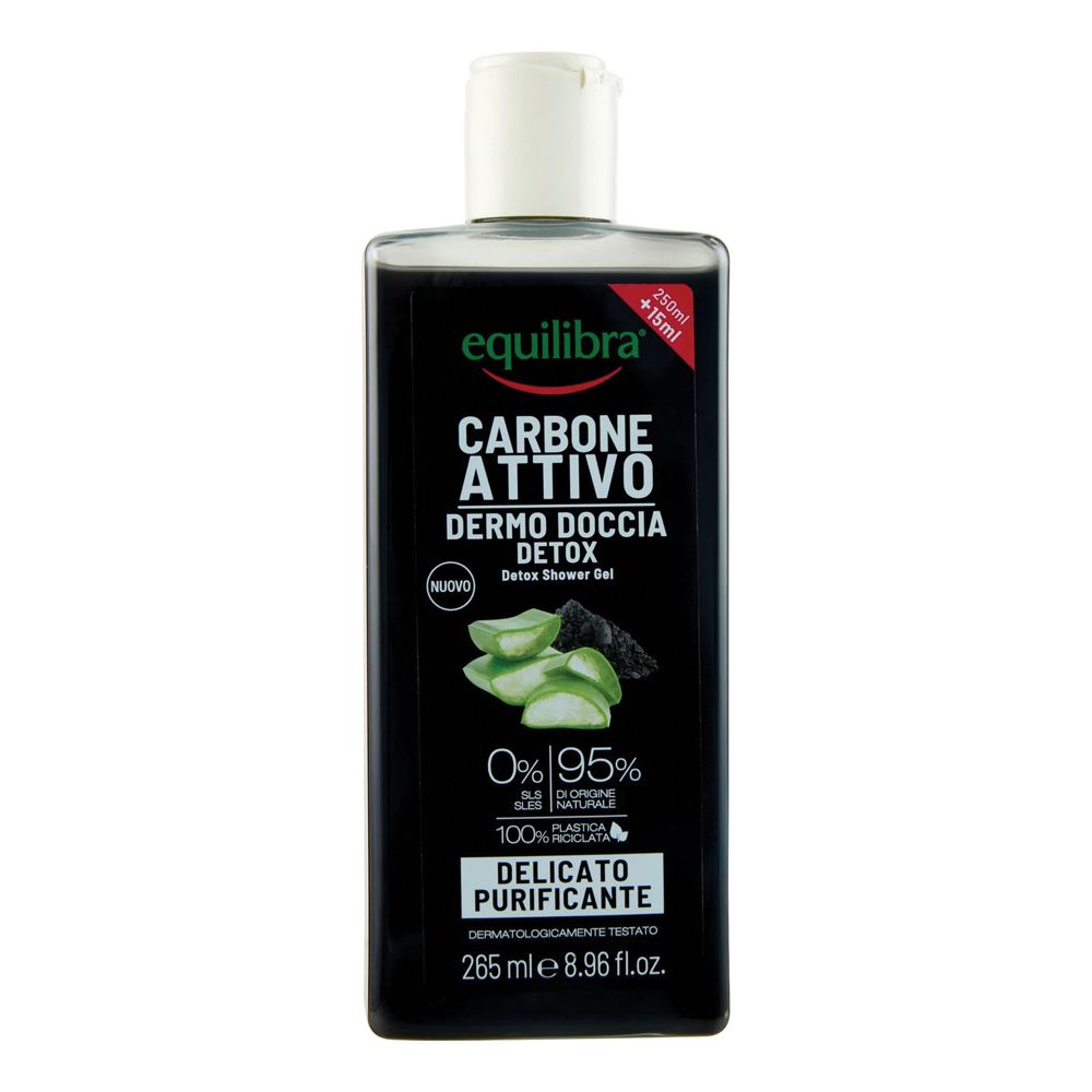 Flacone nero con tappo bianco. Scritta: Equilibra Carbone Attivo Dermo Doccia Detox. 265 ml.