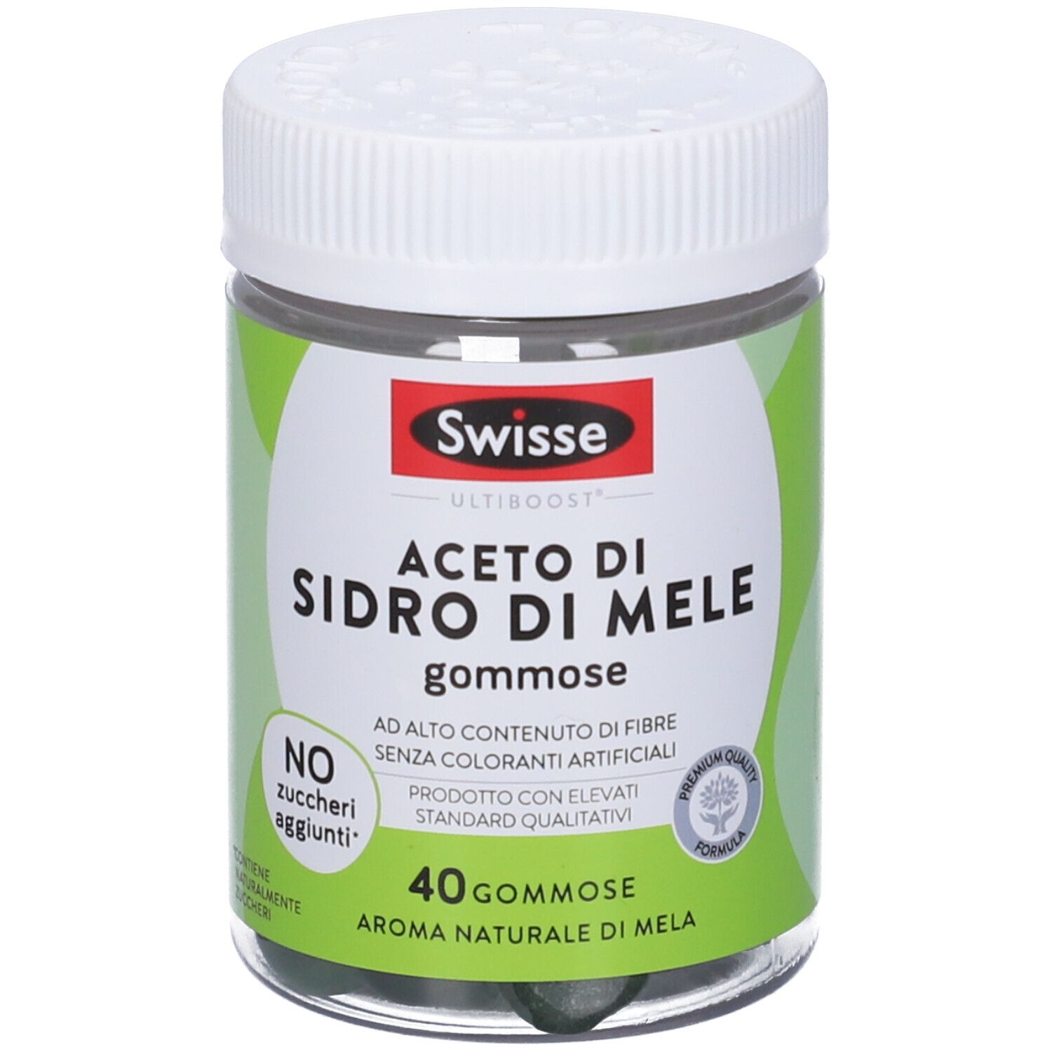 Barattolo rotondo trasparente con coperchio bianco. Etichetta con nome del prodotto e marchio Swisse. 40 caramelle gommose. Design verde e bianco.