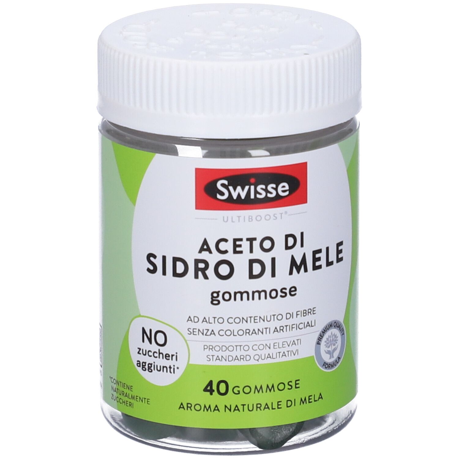 Barattolo rotondo trasparente con coperchio bianco. Etichetta con nome del prodotto e marchio Swisse. 40 caramelle gommose. Design verde e bianco.