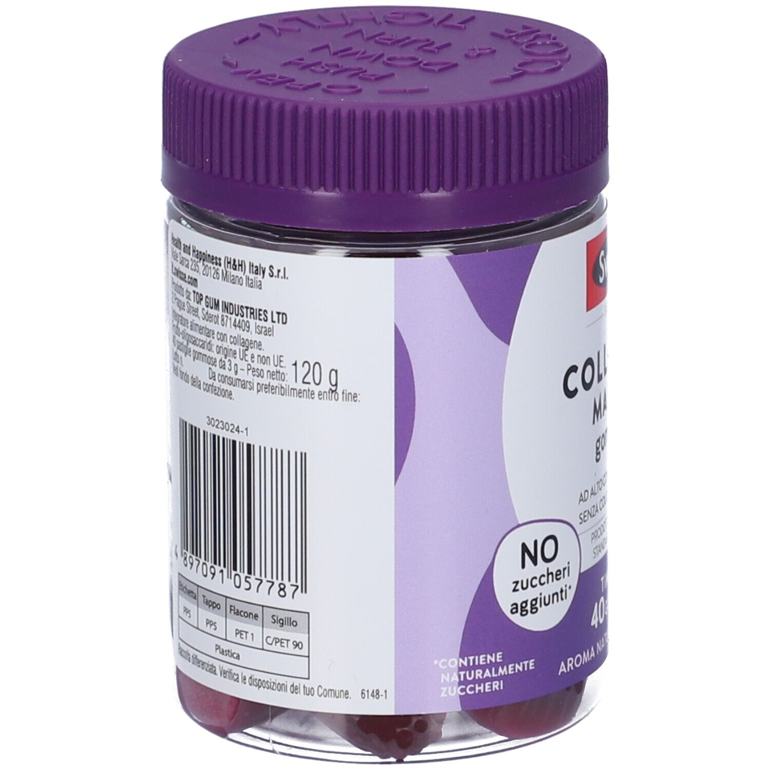 Retro del barattolo. Etichetta con ingredienti, informazioni nutrizionali e codice a barre. 120g. Senza zuccheri aggiunti.