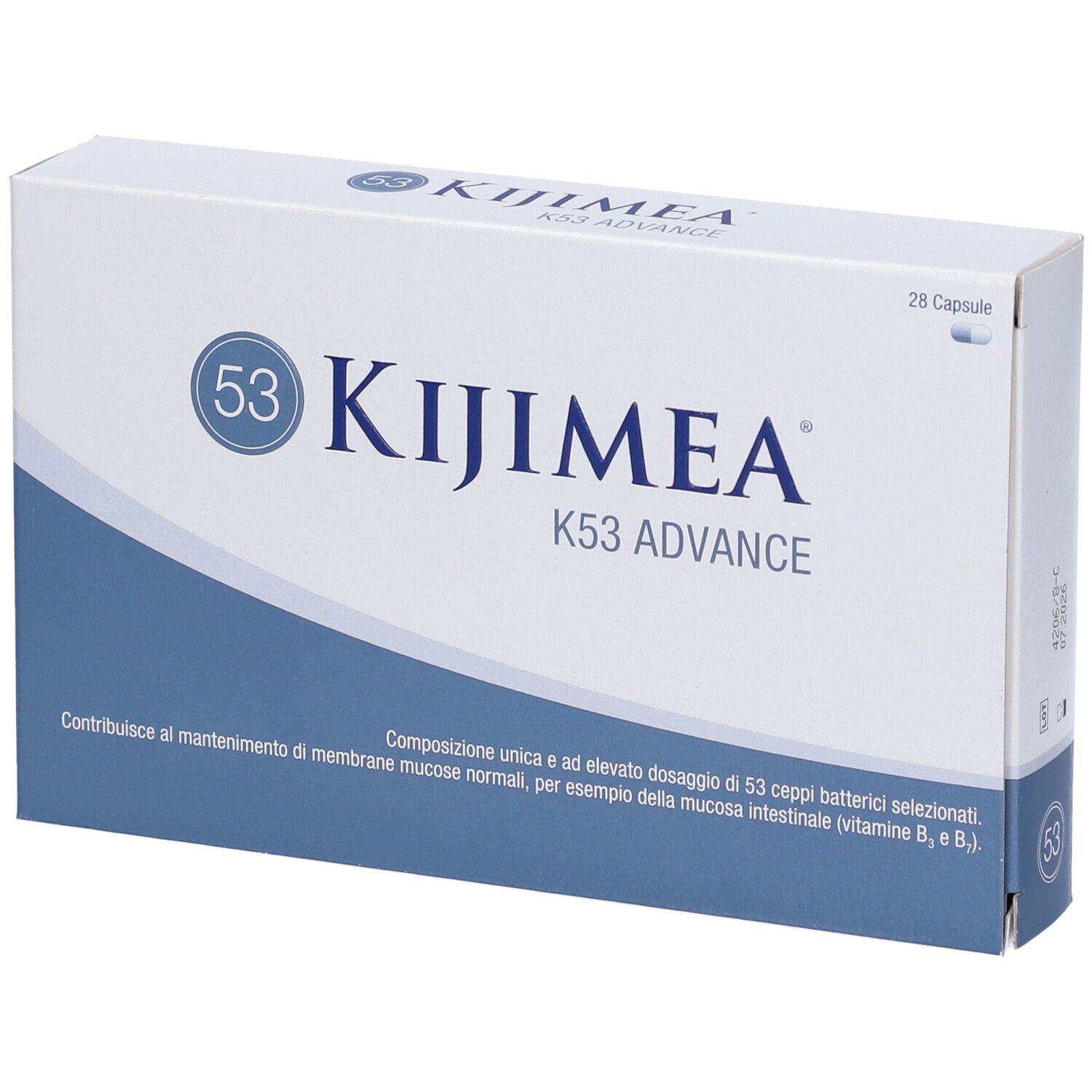 Confezione Kijimea K53 Advance. Scatola bianca con accento blu. Contiene 28 capsule.