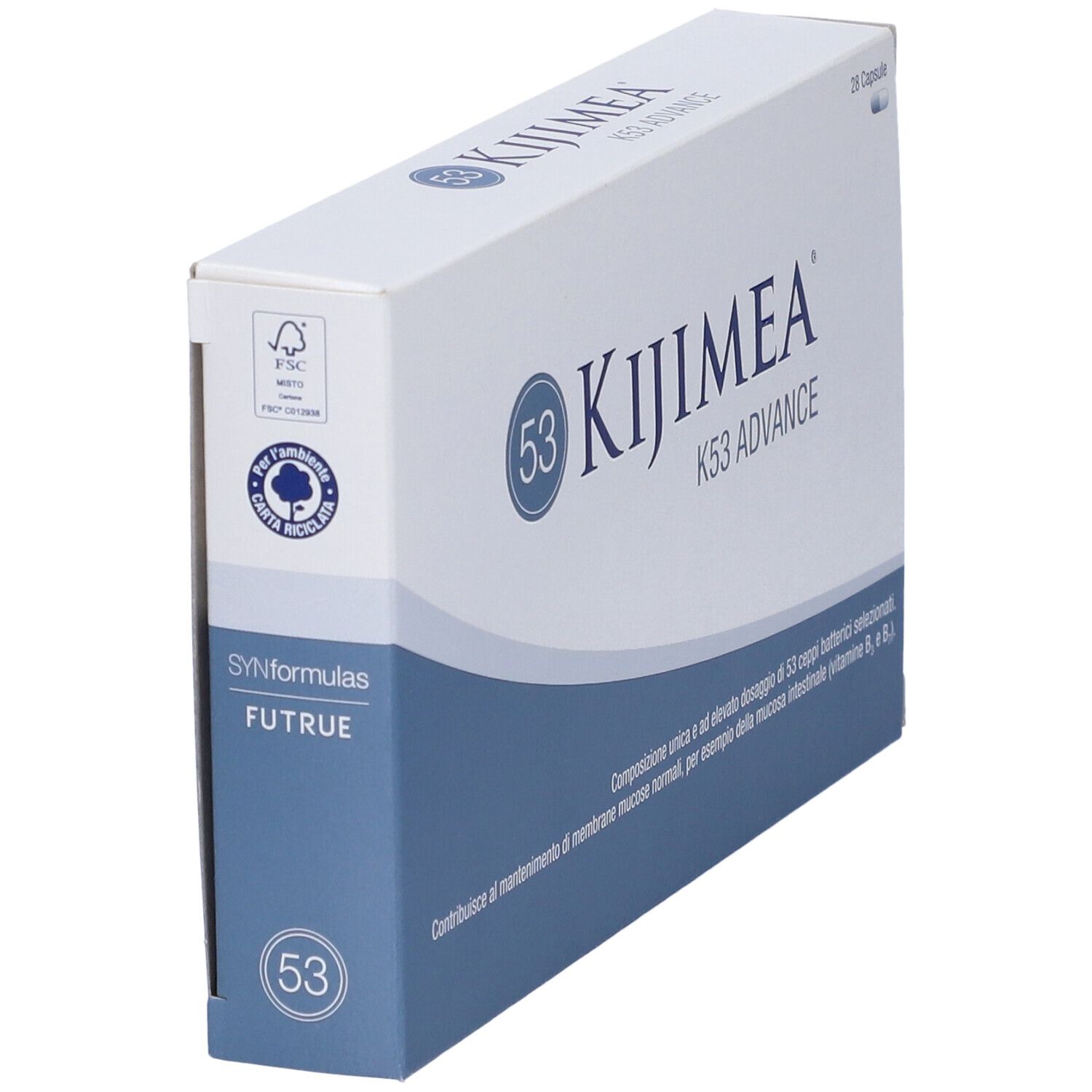 Confezione Kijimea K53 Advance. Scatola bianca con accento blu. Certificazione FSC.