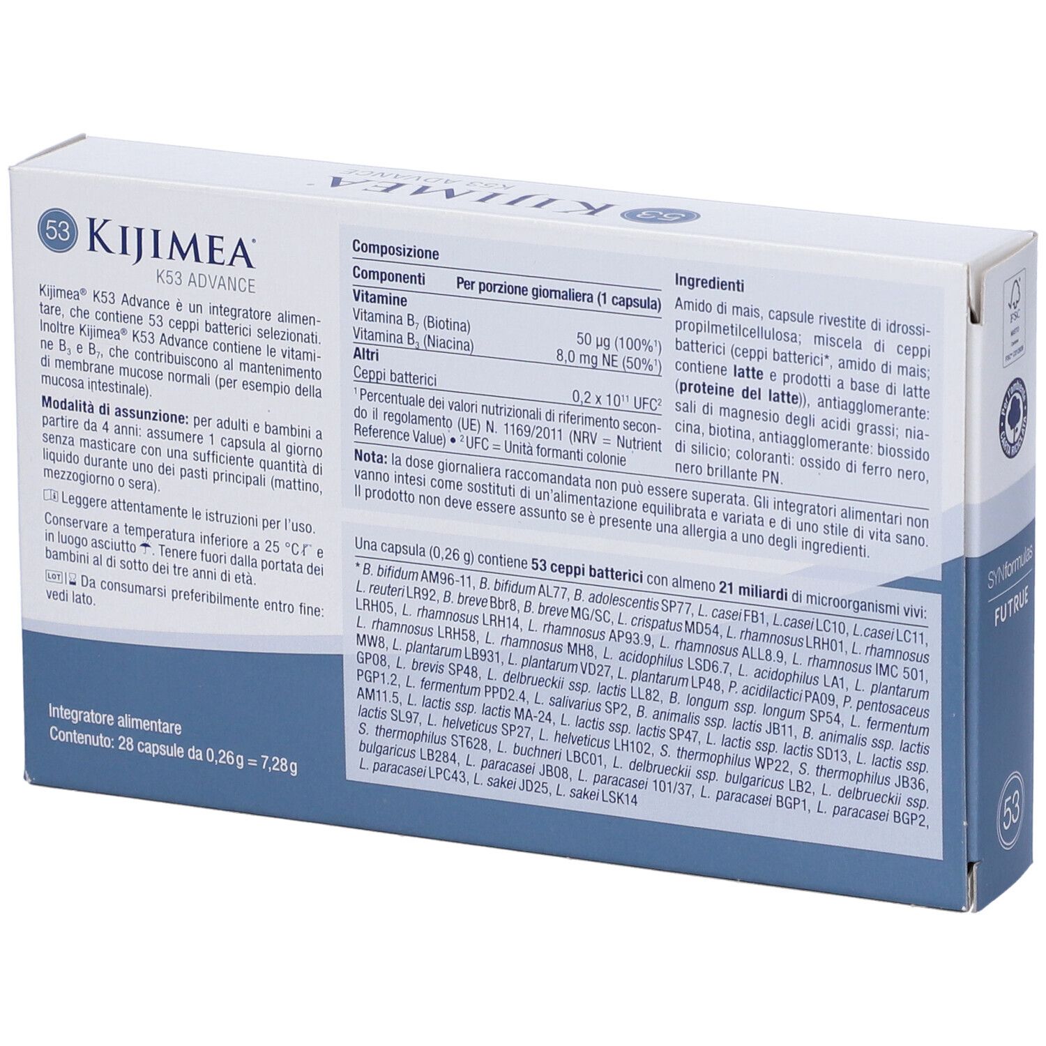 Retro della confezione Kijimea K53 Advance. Contiene informazioni su ingredienti e utilizzo.