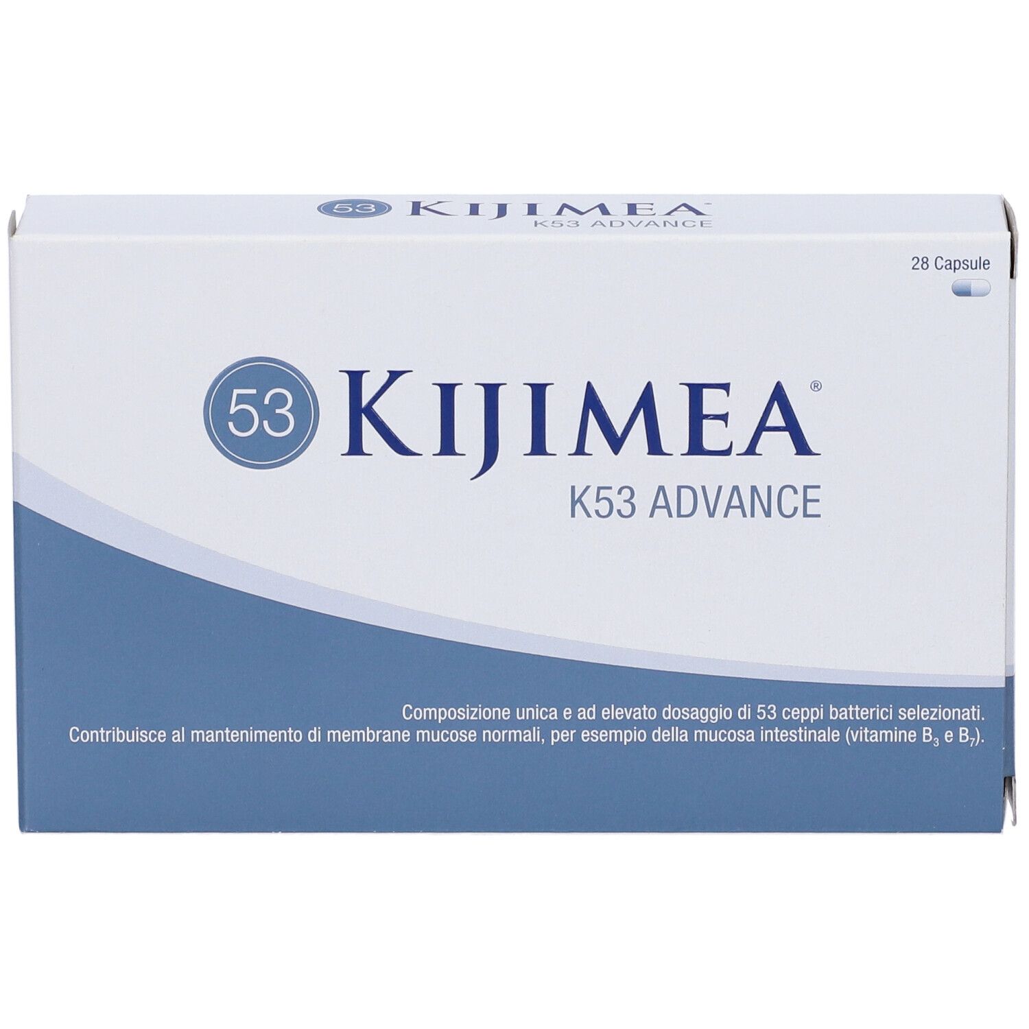 Confezione Kijimea K53 Advance. Scatola bianca con accento blu. Contiene 28 capsule.