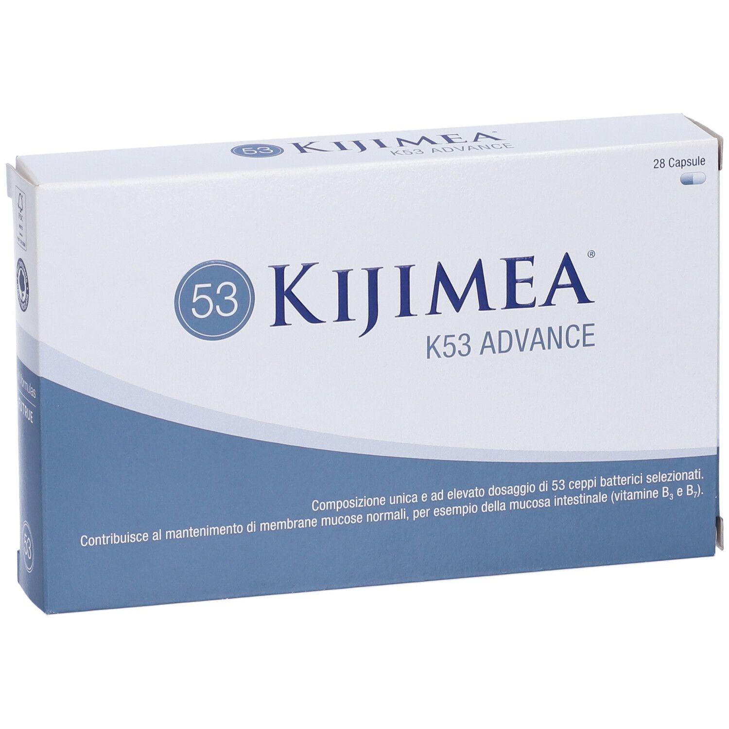 Confezione Kijimea K53 Advance. Scatola bianca con accento blu. Contiene 28 capsule.