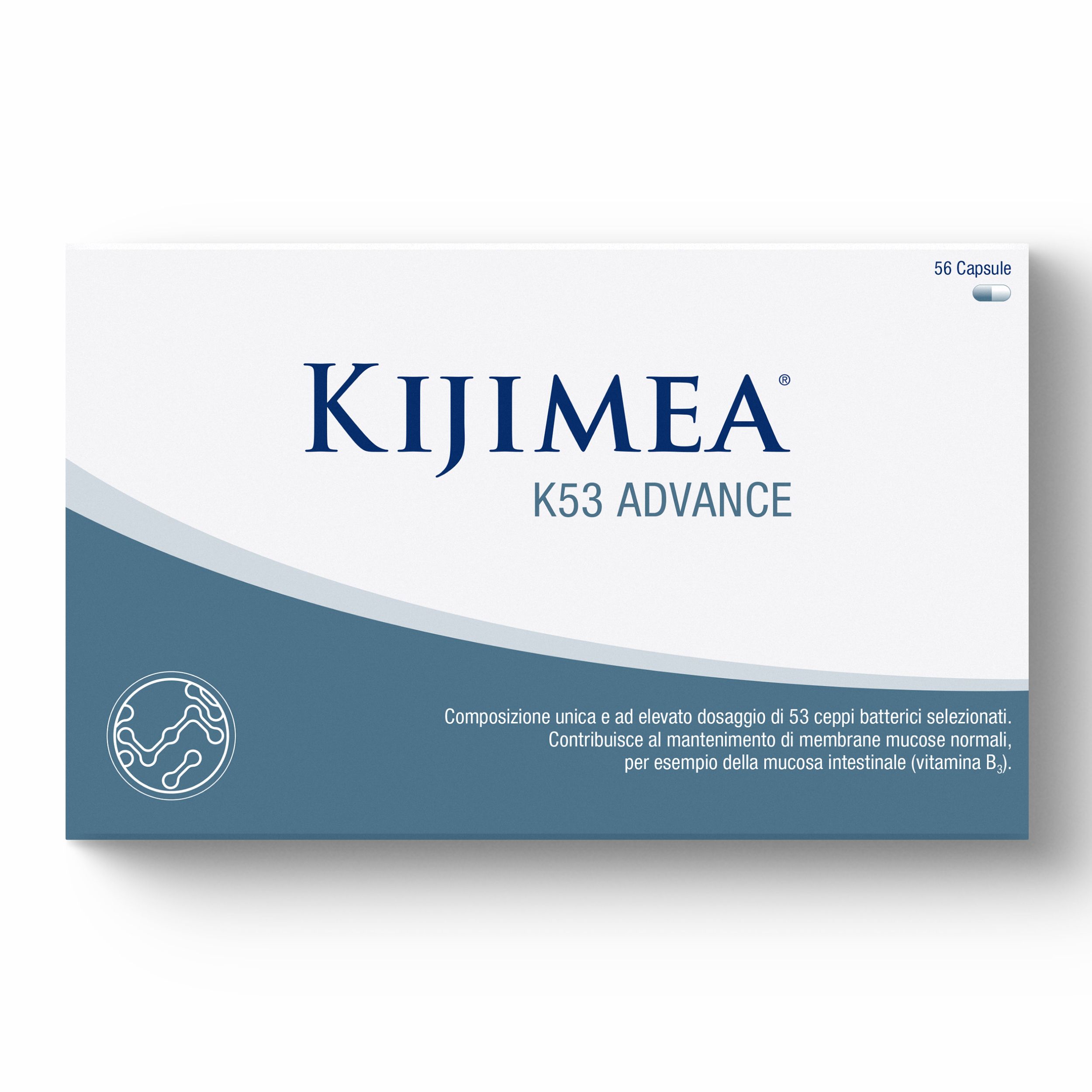 Confezione Kijimea K53 Advance. Scatola bianca con fascia blu. Logo e testo. 56 capsule.