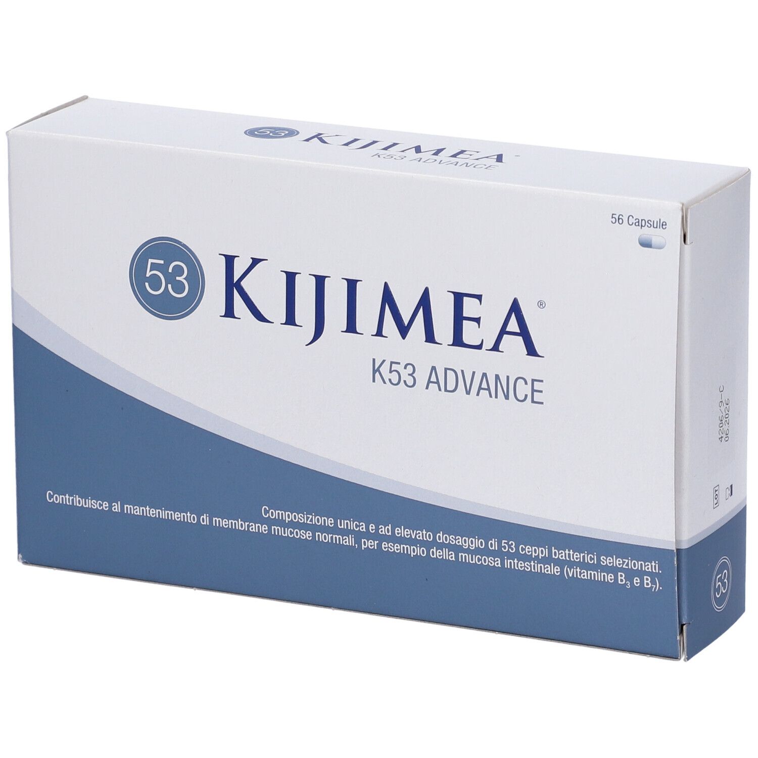 Confezione Kijimea K53 Advance. Scatola bianca con fascia blu. Logo e testo. 56 capsule.