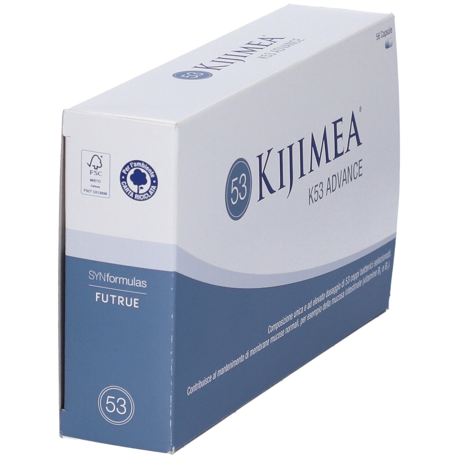 Confezione Kijimea K53 Advance. Scatola bianca con fascia blu. Logo e testo. 56 capsule. Logo FSC.