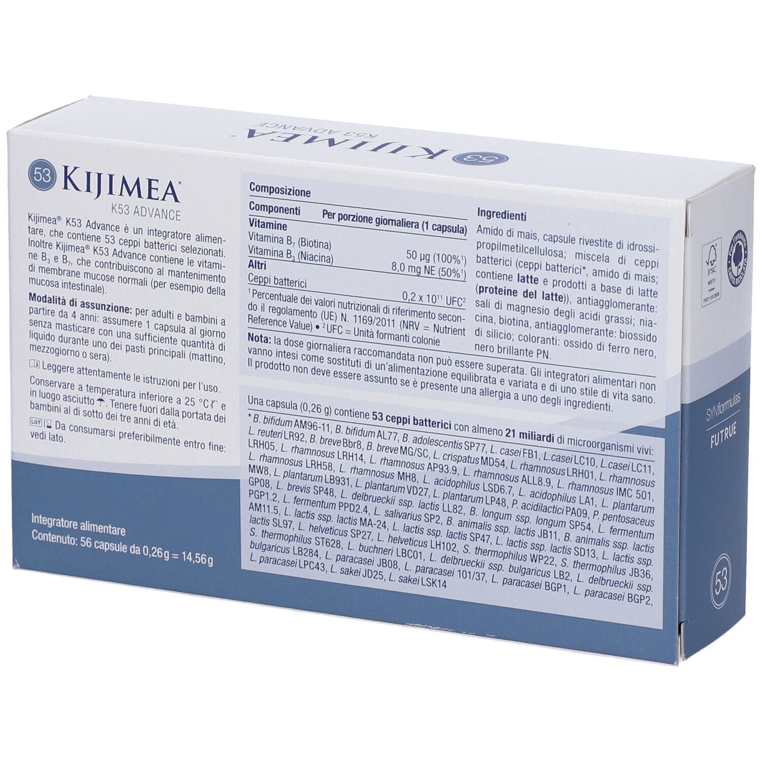 Retro della confezione Kijimea K53 Advance. Testo e ingredienti. 56 capsule.