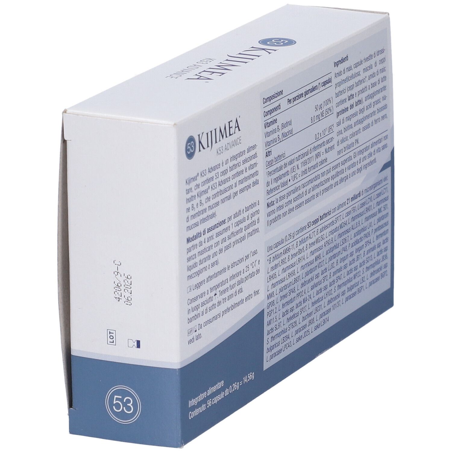 Retro della confezione Kijimea K53 Advance. Testo e ingredienti. 56 capsule.
