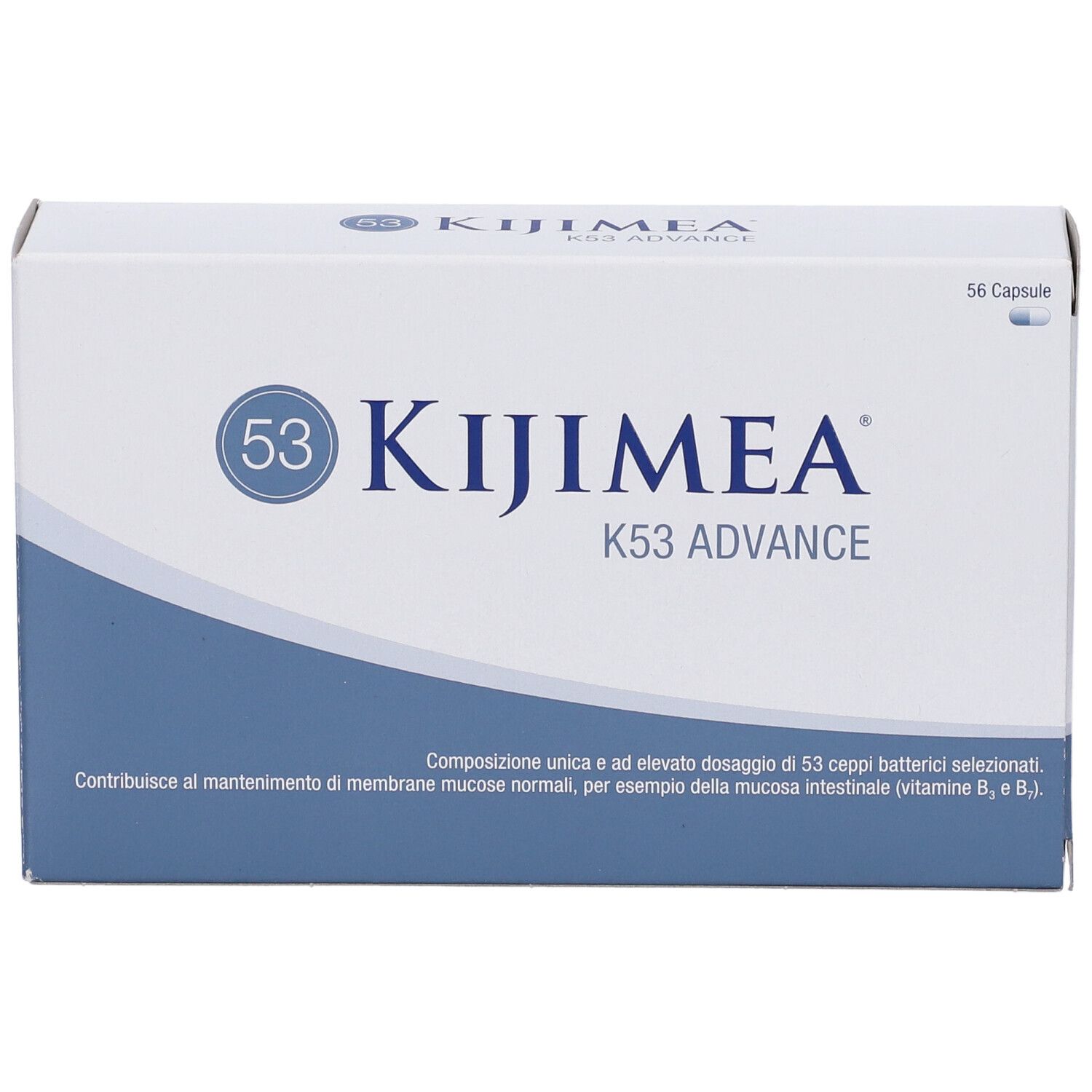 Confezione Kijimea K53 Advance. Scatola bianca con fascia blu. Logo e testo. 56 capsule.