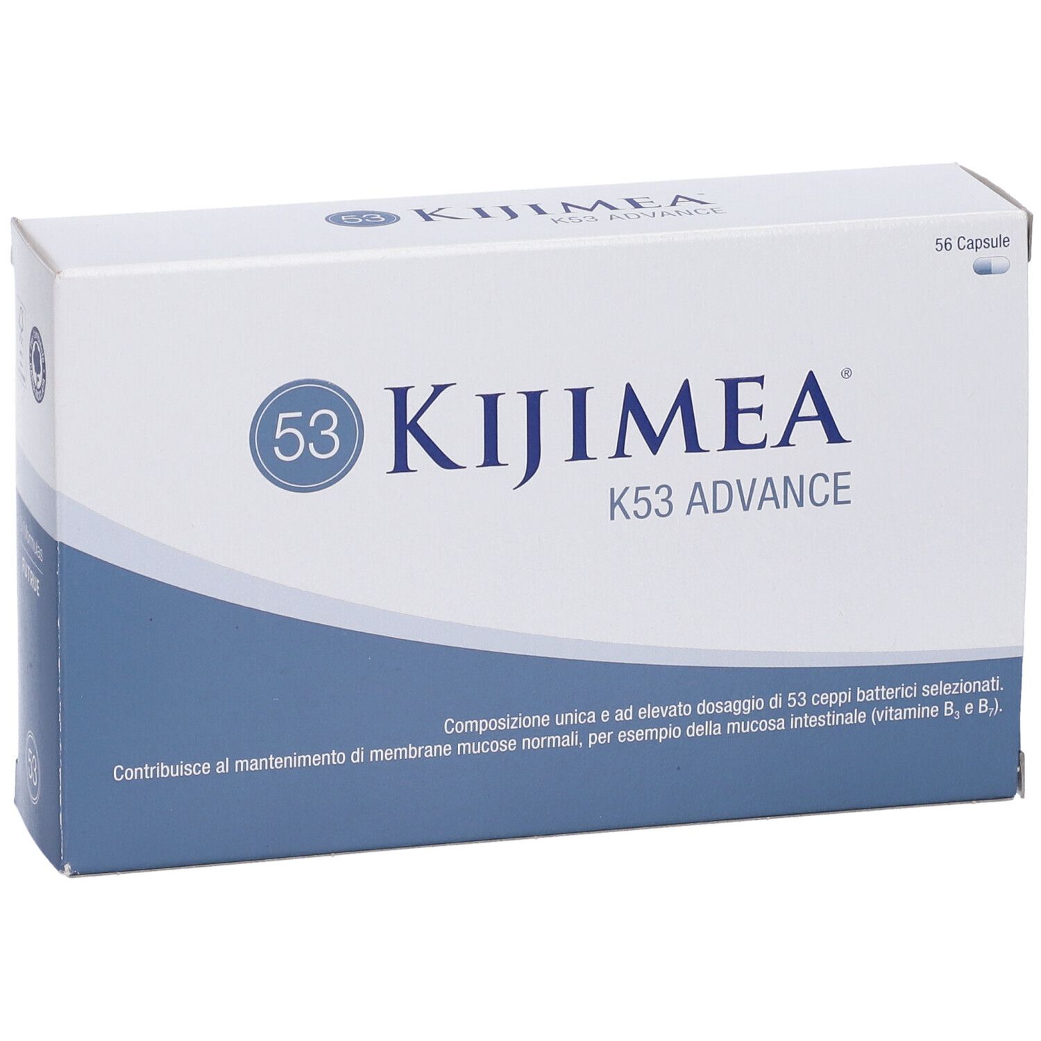 Confezione Kijimea K53 Advance. Scatola bianca con fascia blu. Logo e testo. 56 capsule.