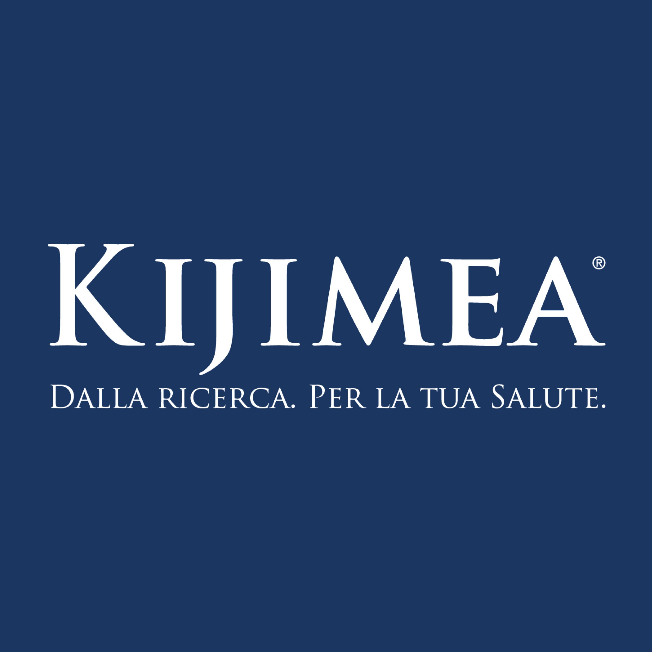Sfondo blu con logo Kijimea bianco e testo: Dalla Ricerca. Per la tua salute.