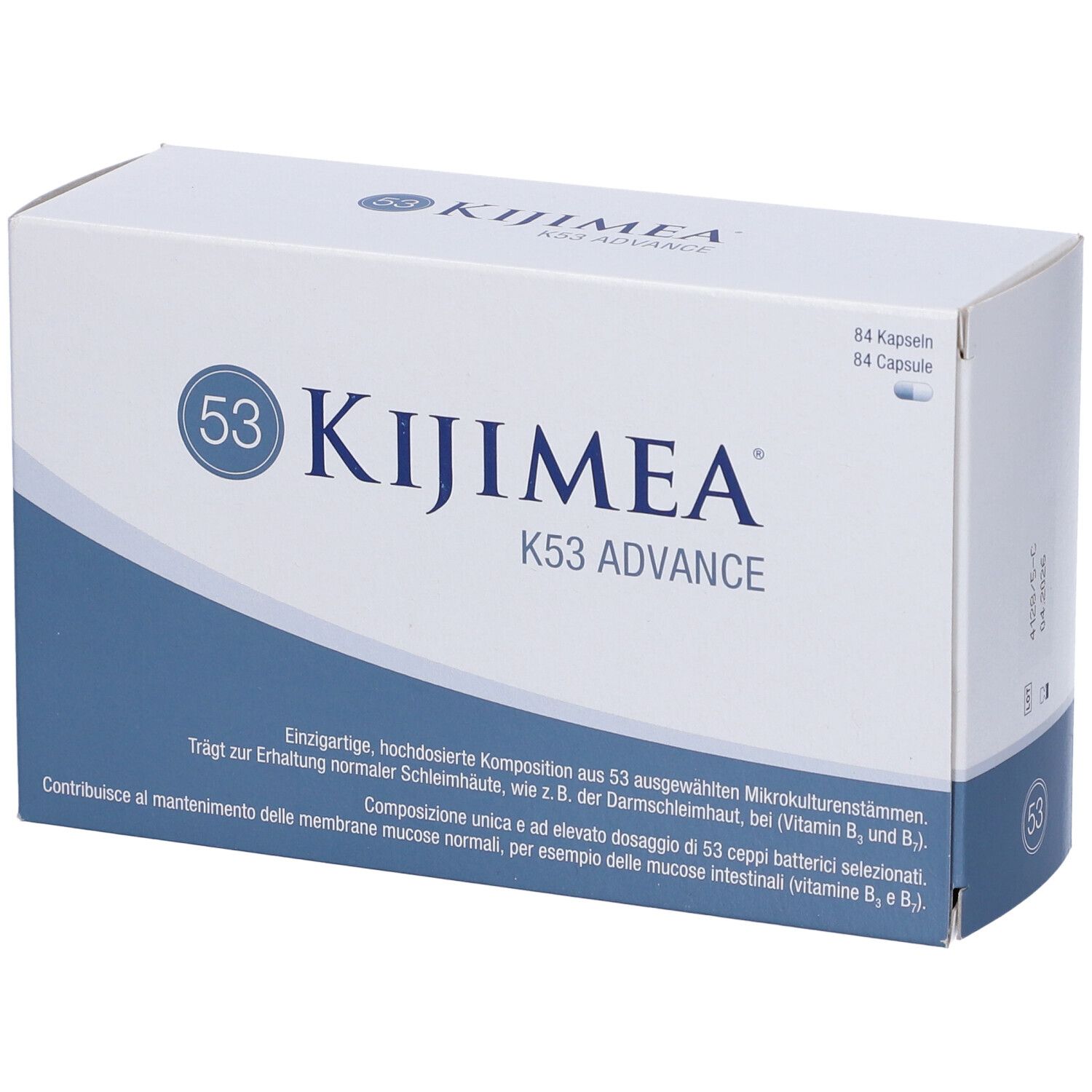 Confezione Kijimea K53 Advance. Scatola bianca con onda blu e nome del prodotto. Contiene 84 capsule.