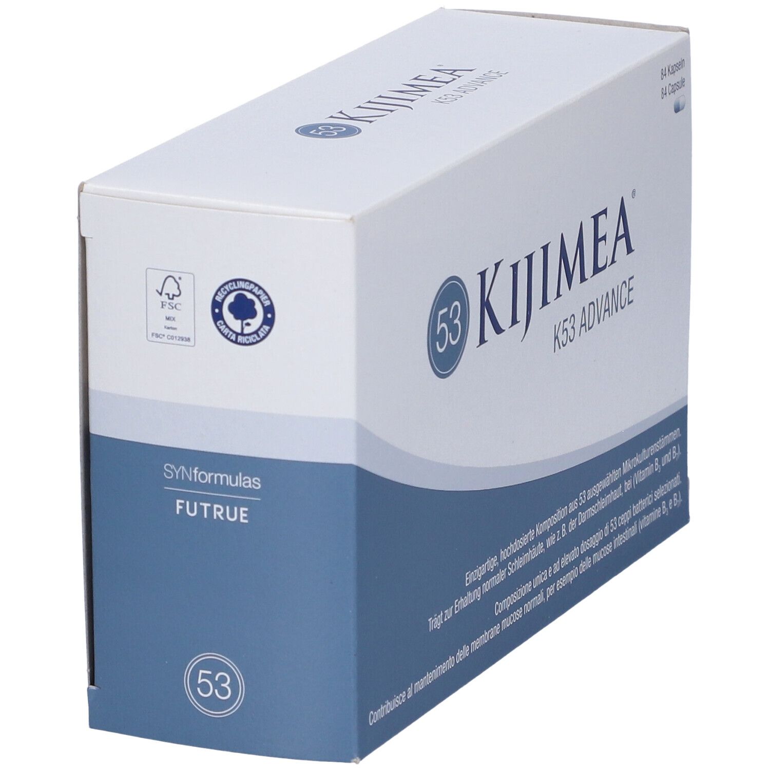 Confezione Kijimea K53 Advance. Scatola bianca con onda blu e nome del prodotto. Contiene 84 capsule.