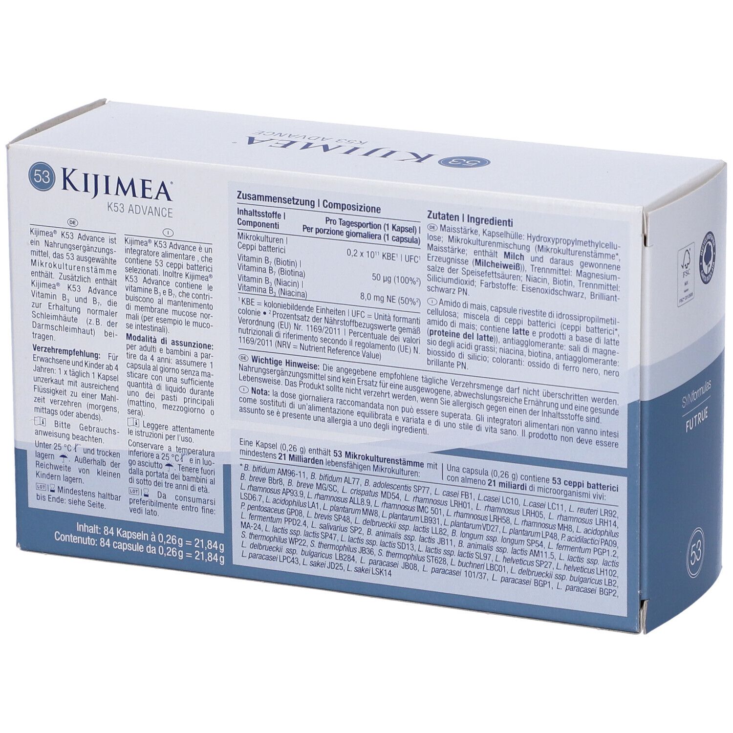Confezione Kijimea K53 Advance. Scatola bianca con onda blu e nome del prodotto. Contiene 84 capsule.