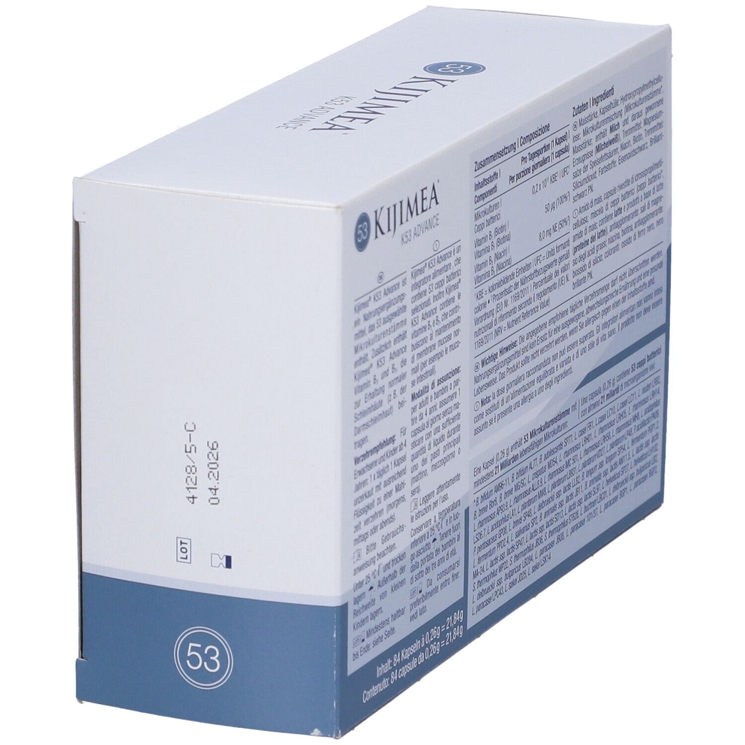 Confezione Kijimea K53 Advance. Scatola bianca con onda blu e nome del prodotto. Contiene 84 capsule.
