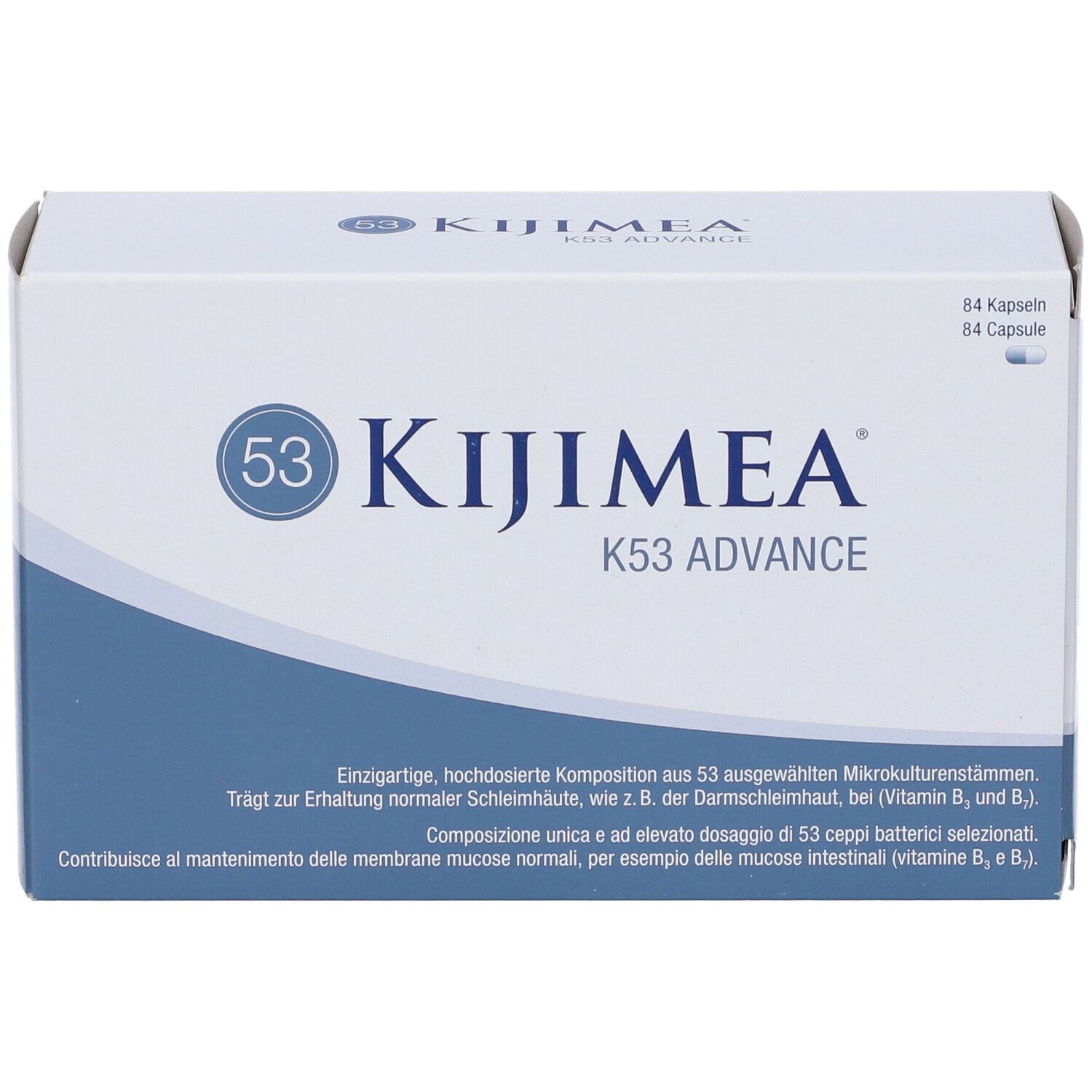 Confezione Kijimea K53 Advance. Scatola bianca con onda blu e nome del prodotto. Contiene 84 capsule.