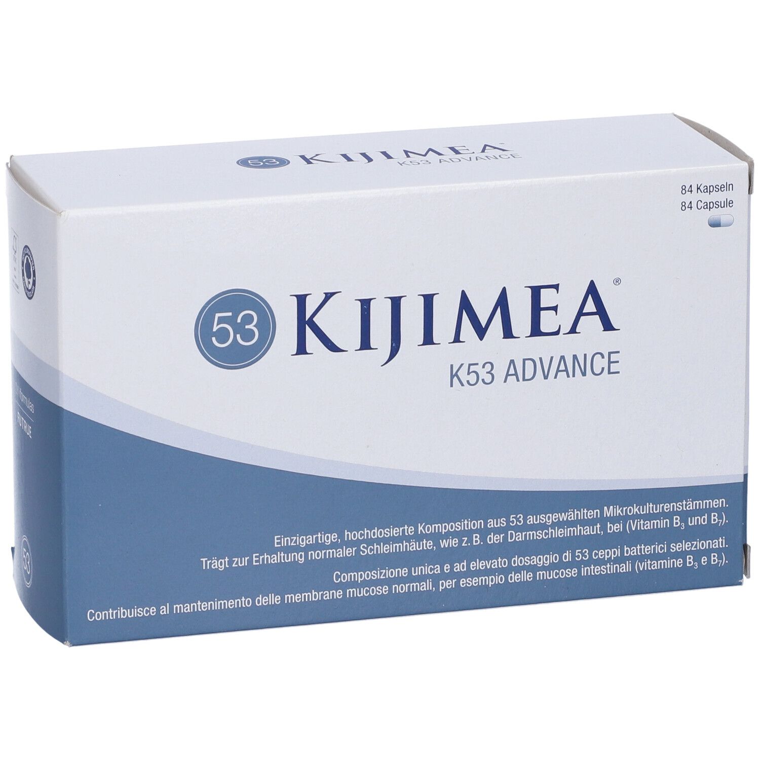 Confezione Kijimea K53 Advance. Scatola bianca con onda blu e nome del prodotto. Contiene 84 capsule.