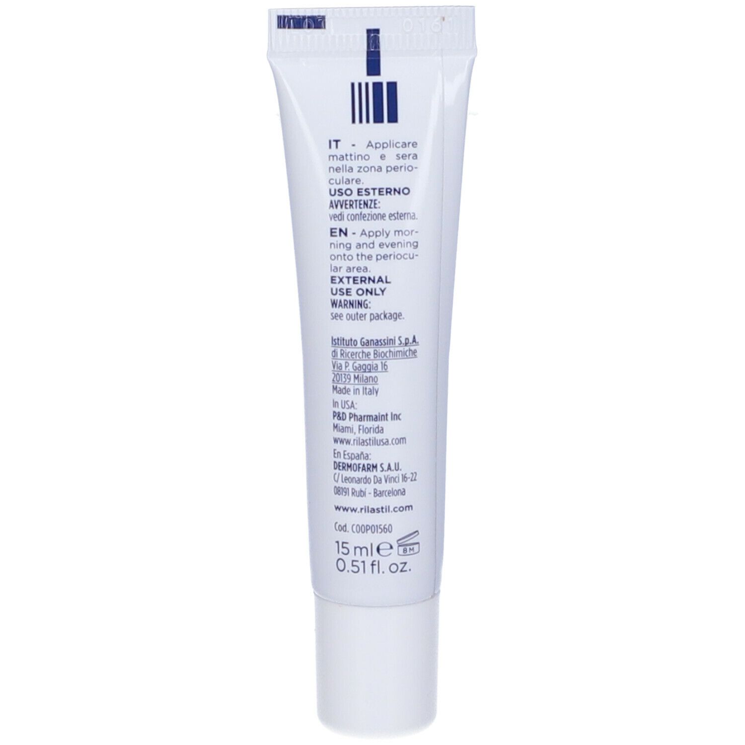 Retro del tubo bianco con testo. Istruzioni in italiano e inglese. 15 ml.