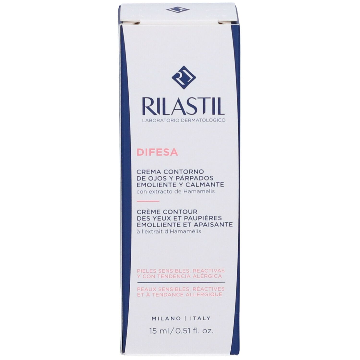 Confezione della crema occhi Rilastil Difesa. Testo: Crema Contorno Occhi. 15 ml.
