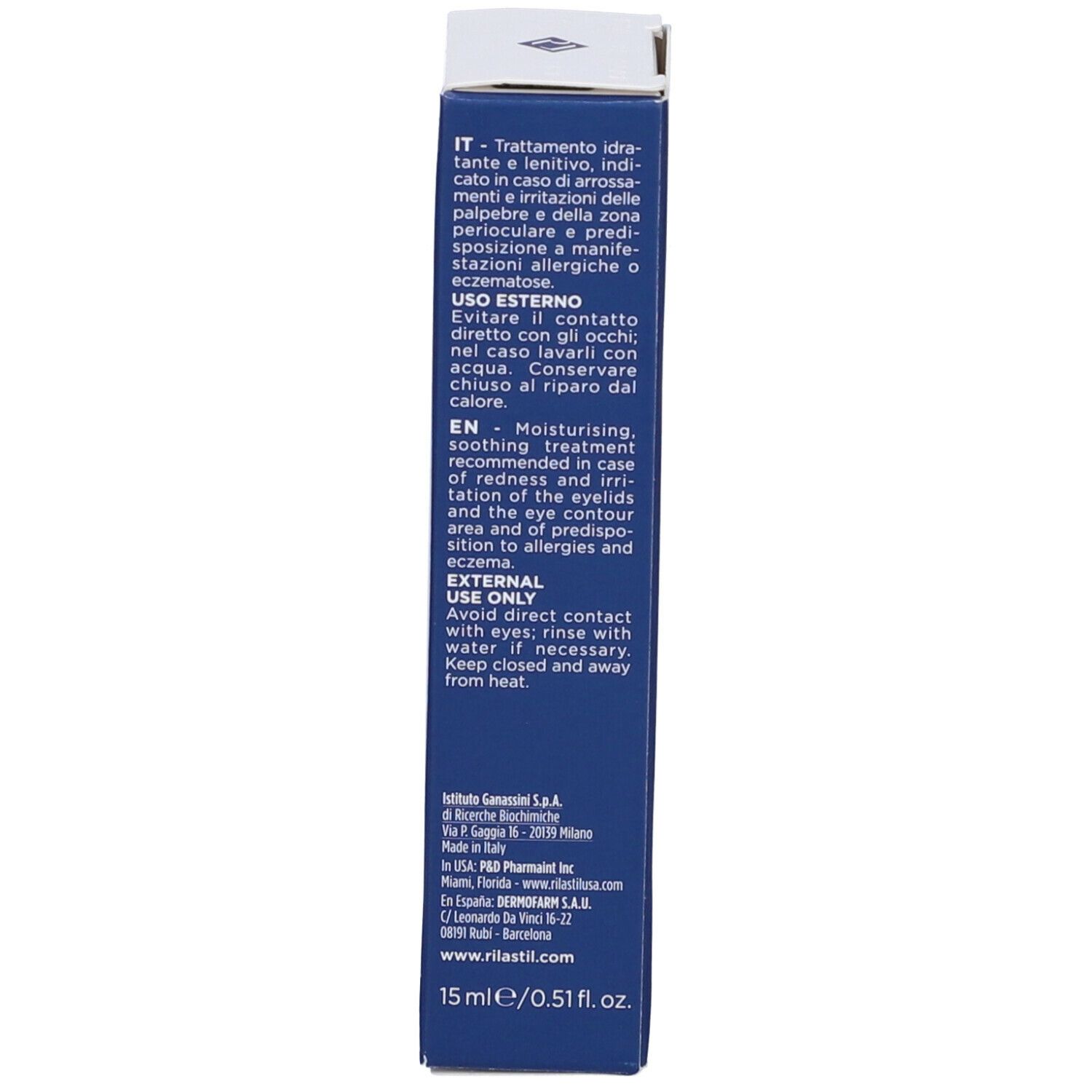 Lato della confezione della crema occhi Rilastil Difesa. Testo: Istruzioni in italiano e inglese. 15 ml.