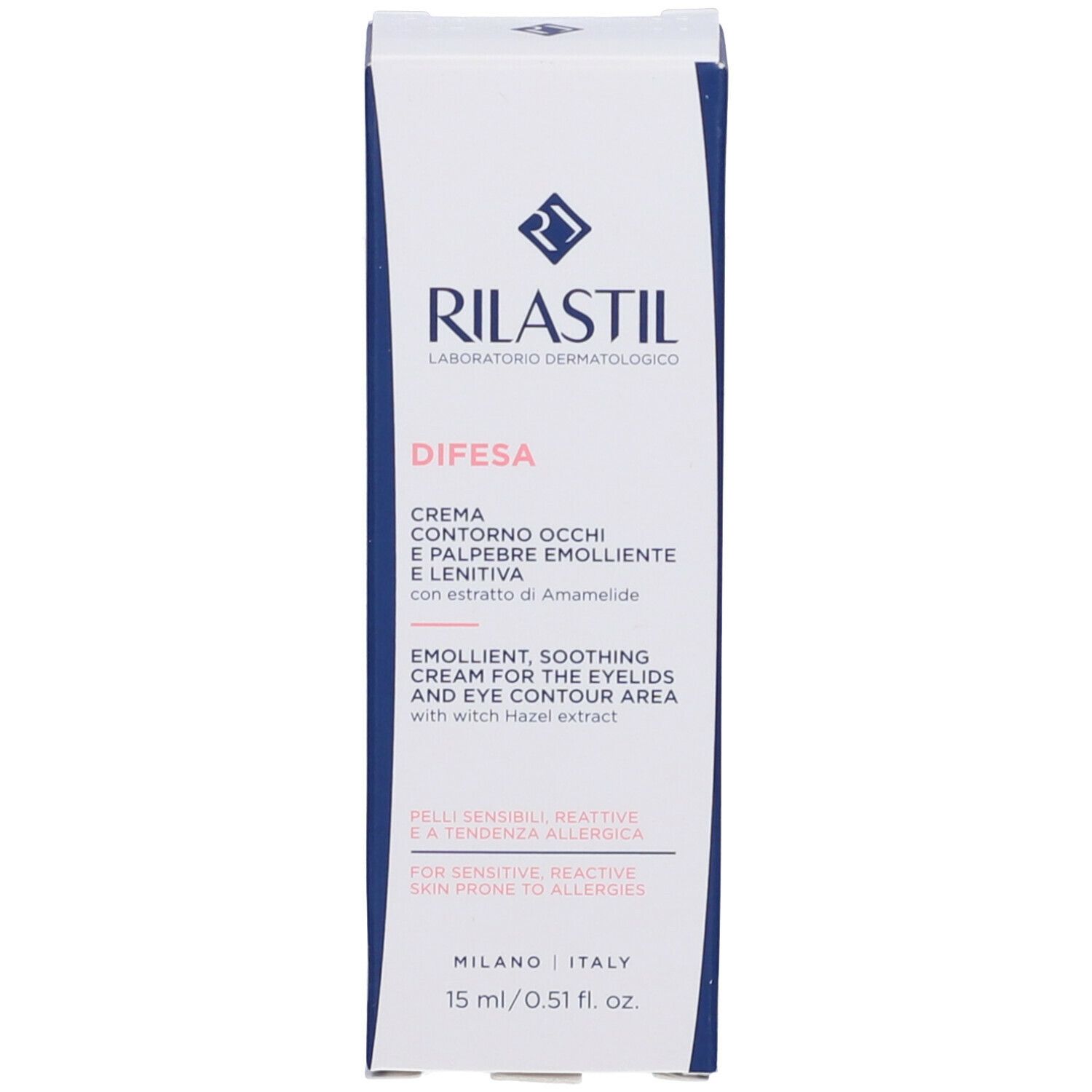 Confezione della crema occhi Rilastil Difesa. Testo: Emollient Soothing Cream. 15 ml.