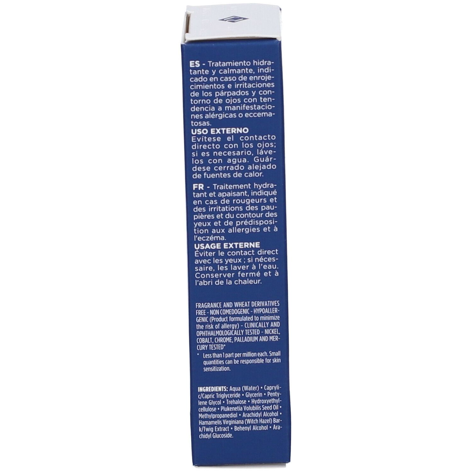 Lato della confezione della crema occhi Rilastil Difesa. Testo: Ingredienti, istruzioni multilingue. 15 ml.