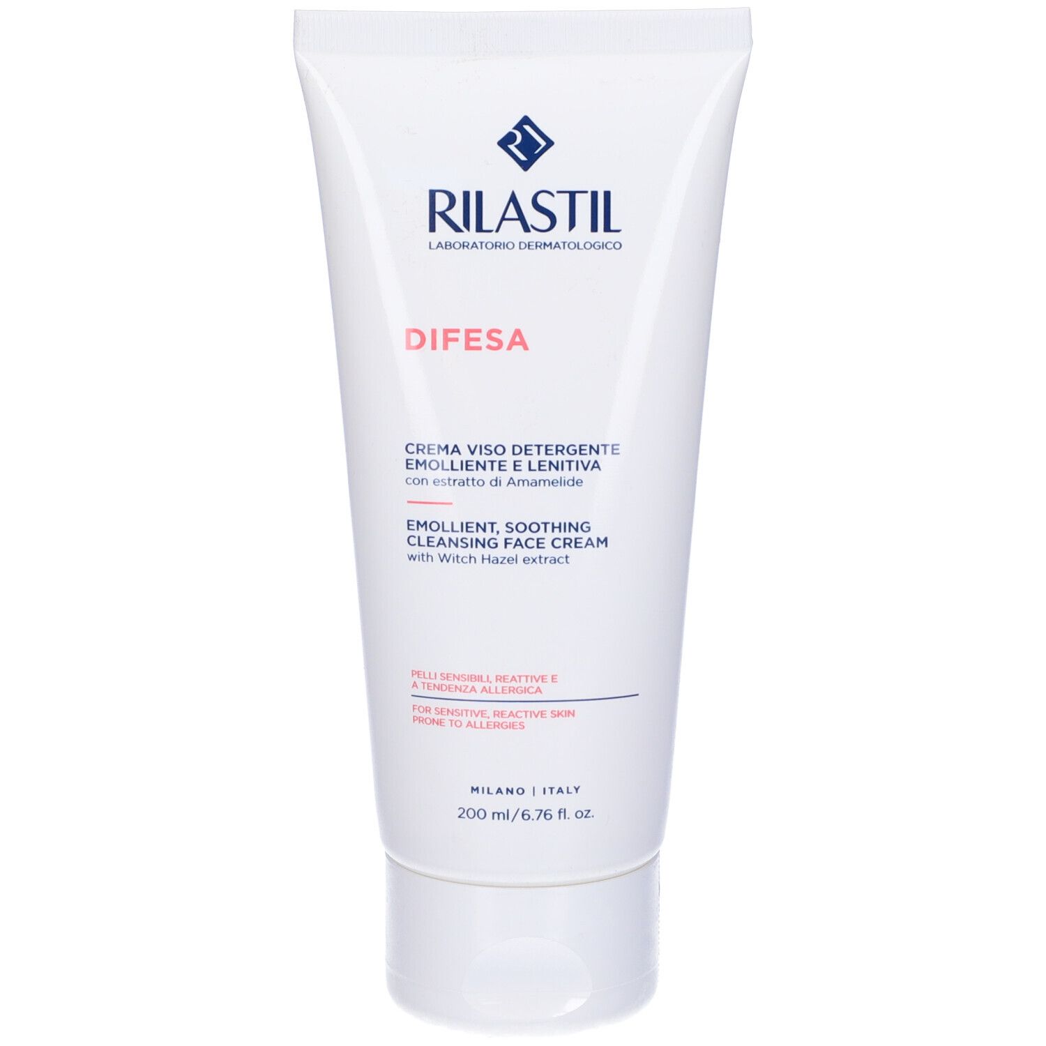 Tubo bianco con testo blu e rosso. "Rilastil Difesa" e nome del prodotto. "200 ml".