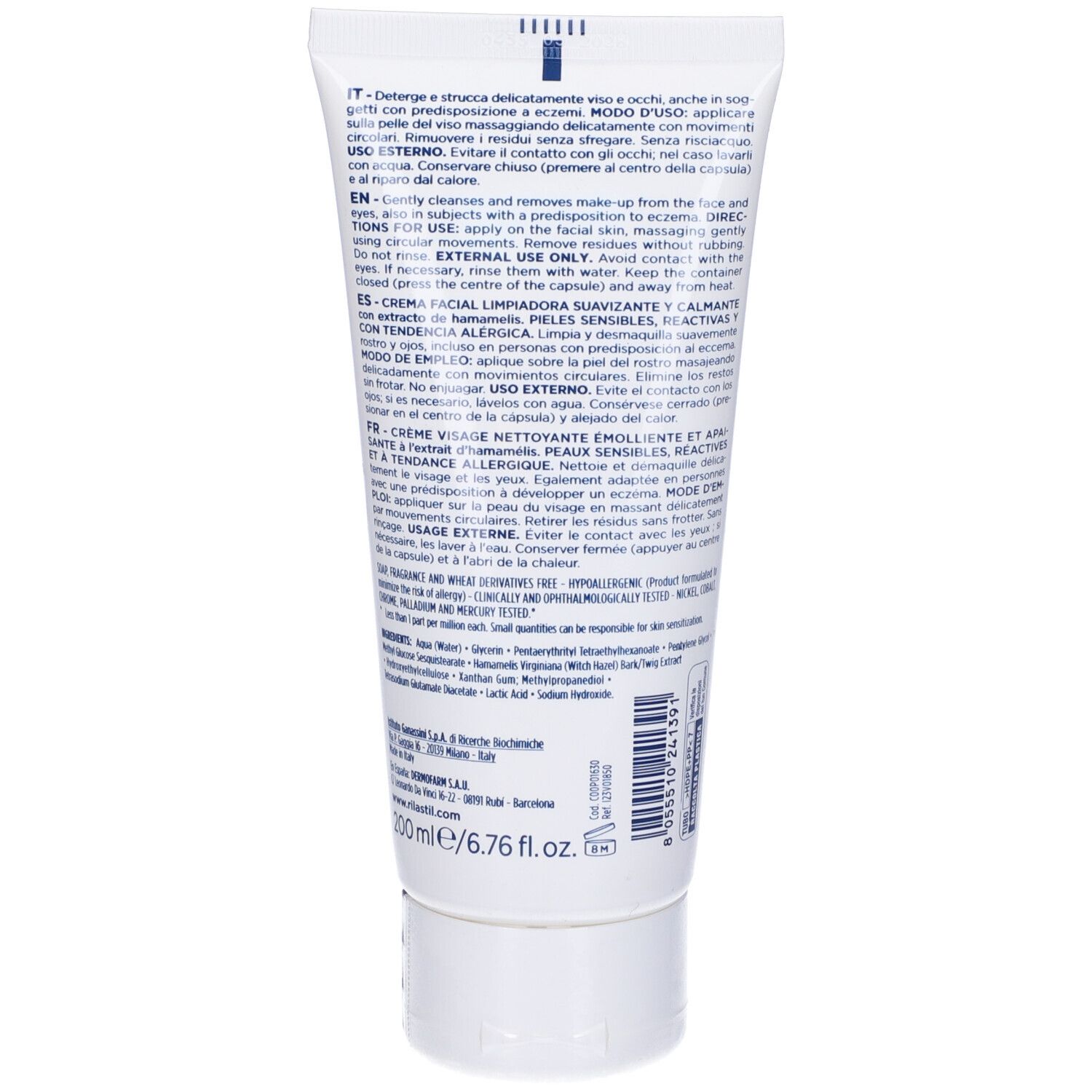 Retro del tubo bianco. Testo multilingue, tra cui "EN:" e "ES:".