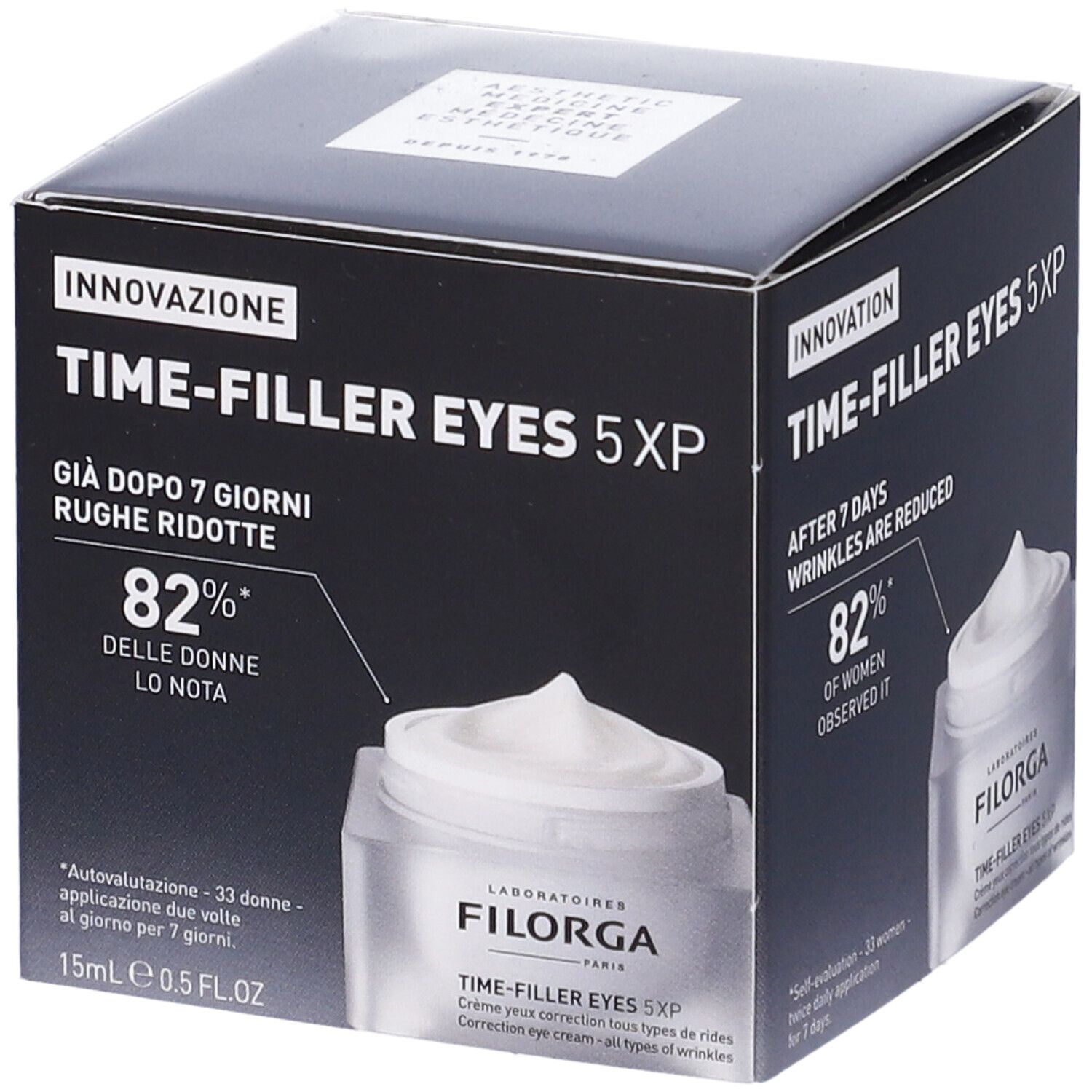 Confezione con vaso di crema. Testo: Time-Filler Eyes 5XP. L'82% delle donne lo nota.