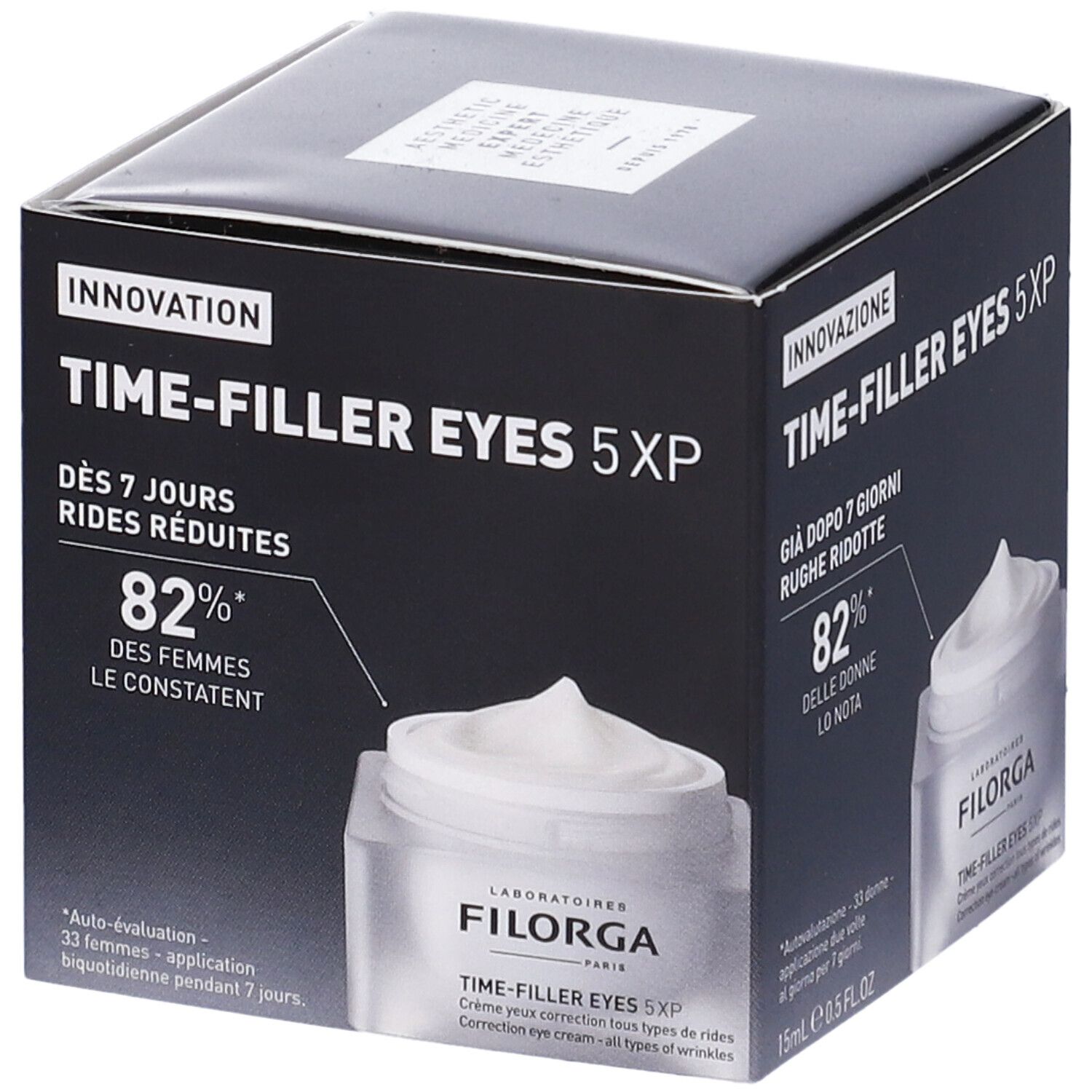 Confezione con vaso di crema. Testo: Time-Filler Eyes 5XP. L'82% delle donne lo notano.