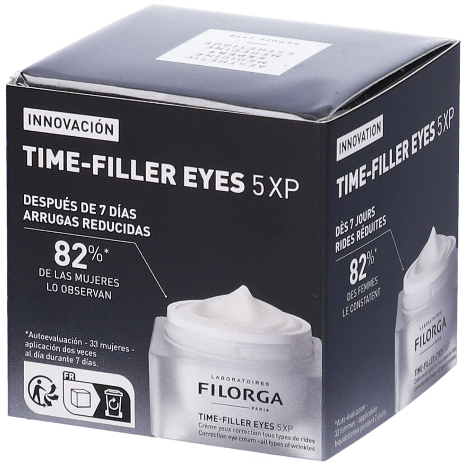 Confezione con vaso di crema. Testo: Time-Filler Eyes 5XP. L'82% delle donne lo osservano.