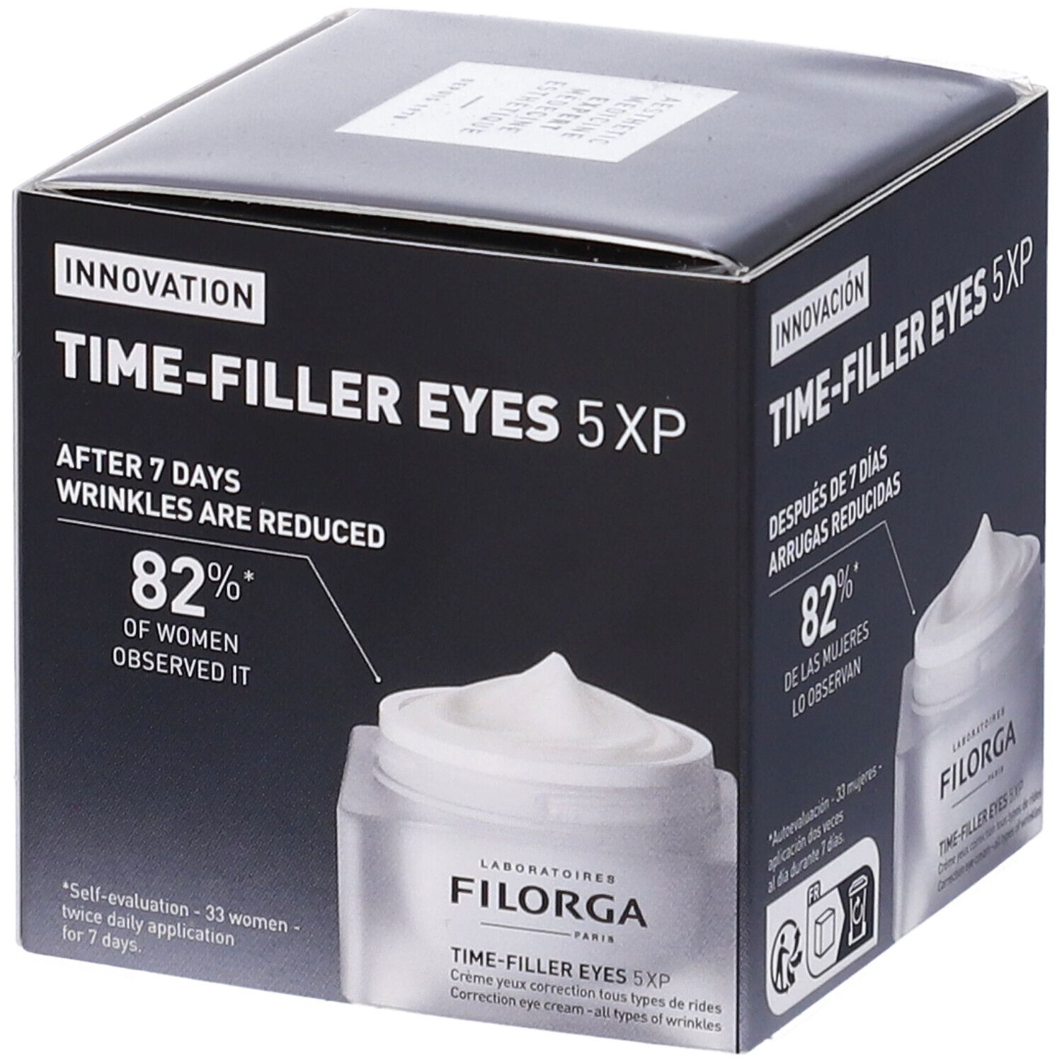 Confezione con vaso di crema. Testo: Time-Filler Eyes 5XP. L'82% delle donne lo hanno osservato.