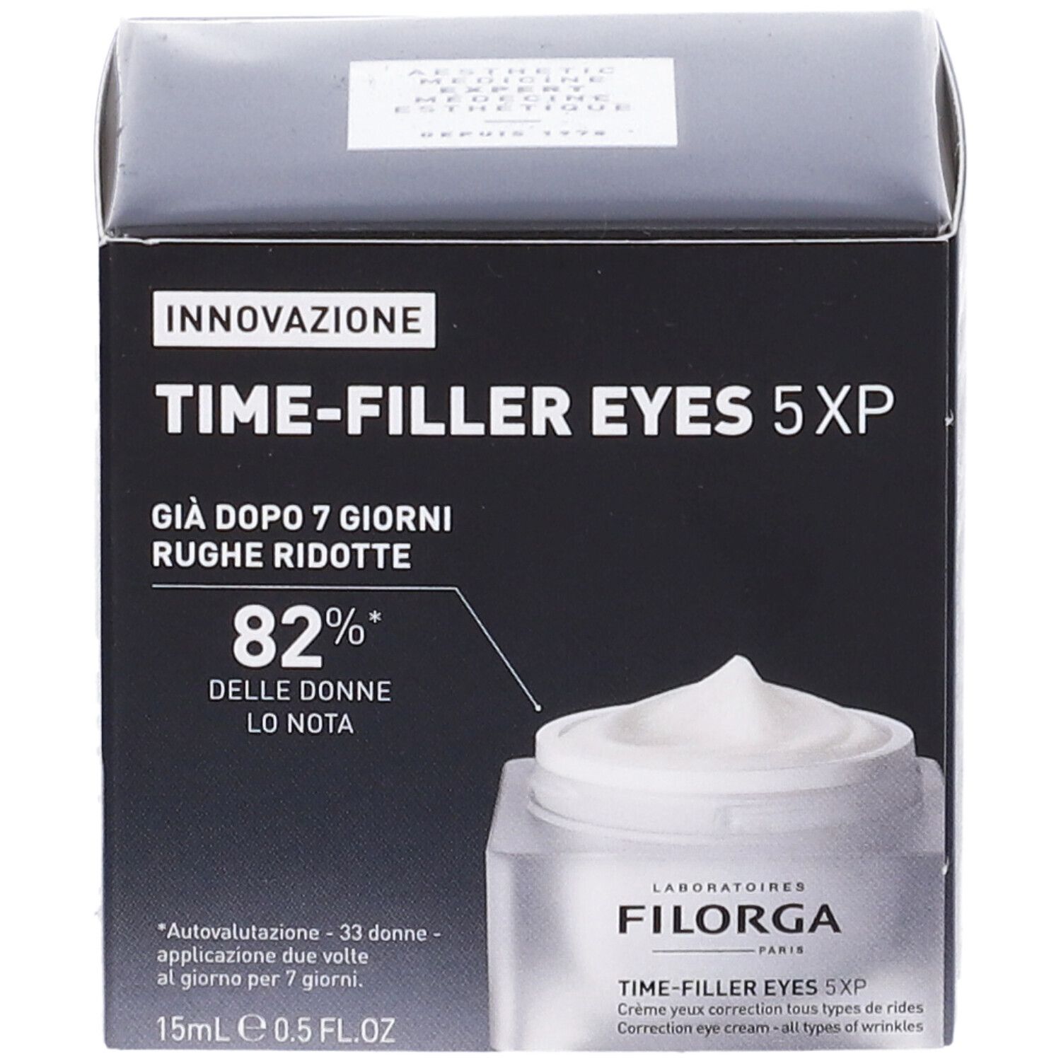 Confezione con vaso di crema. Testo: Time-Filler Eyes 5XP. L'82% delle donne lo notano.