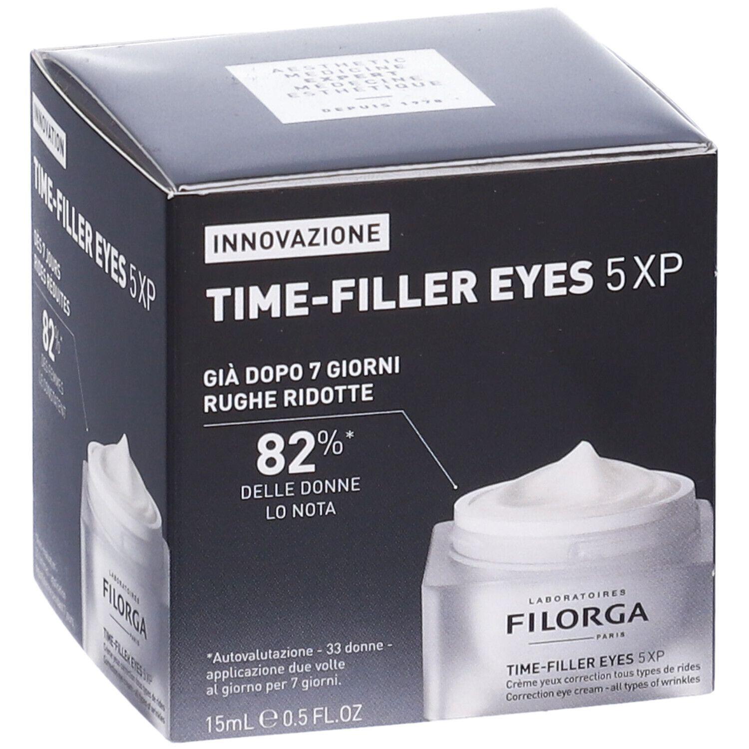 Confezione con vaso di crema. Testo: Time-Filler Eyes 5XP. L'82% delle donne lo notano.