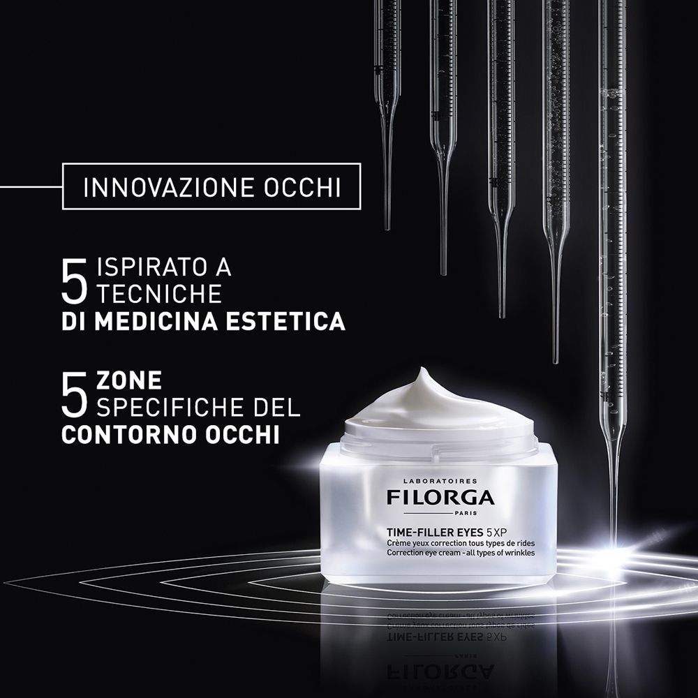 Vaso di crema con crema. Testo: Filorga Time-Filler Eyes 5XP. Pipette sullo sfondo.