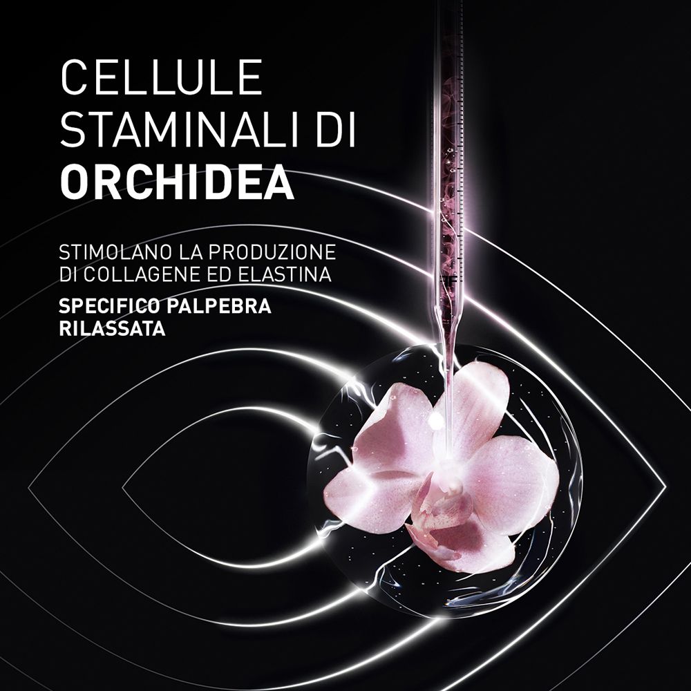 Fiore e pipetta. Testo: Cellule staminali di orchidea. Stimola collagene ed elastina.