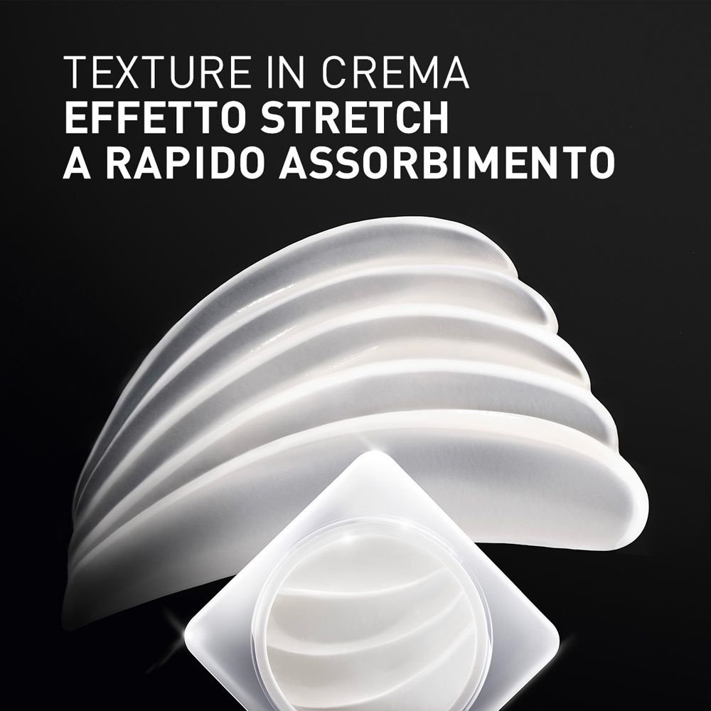 Vaso di crema con crema. Testo: Texture in crema, rapido assorbimento.