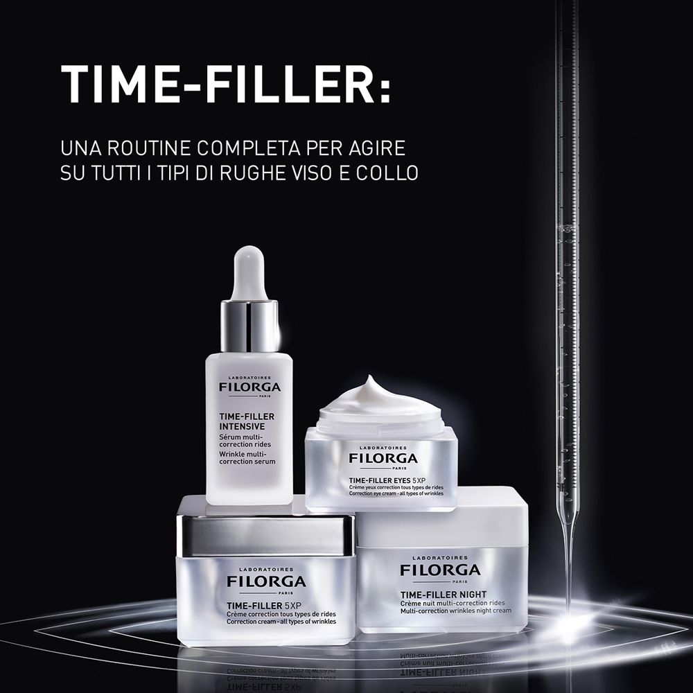 Diversi vasetti di crema. Testo: Time-Filler. Siero, crema, crema notte.