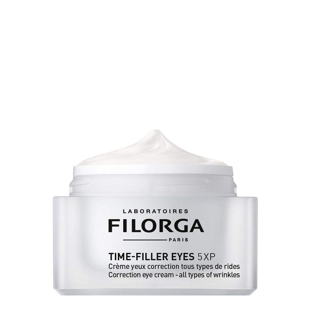 Vaso di crema con crema. Testo: Filorga Time-Filler Eyes 5XP. Crema occhi.