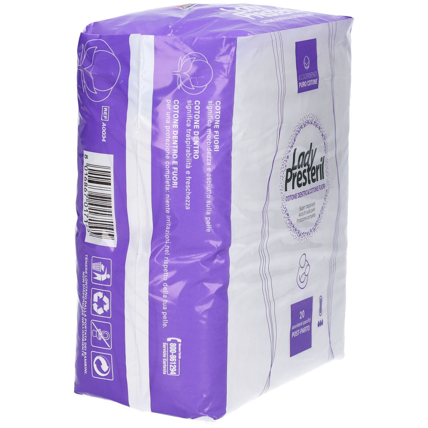 Seitenansicht der Verpackung von Lady Presteril Binden. Baumwolle innen und außen. 20 Stück.