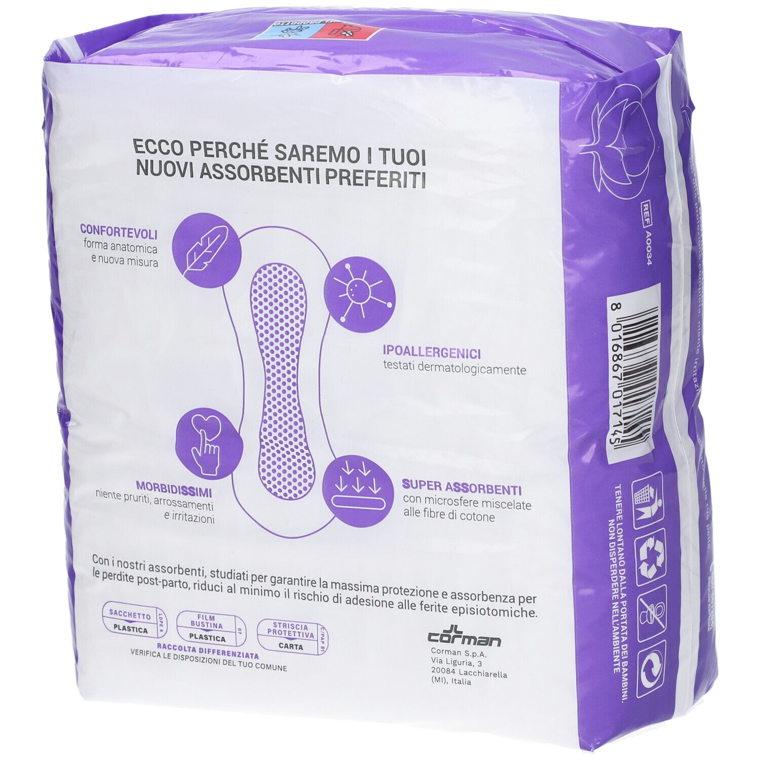 Rückseite der Lady Presteril Bindenverpackung. Merkmale: anatomische Form, hypoallergen, super saugfähig.
