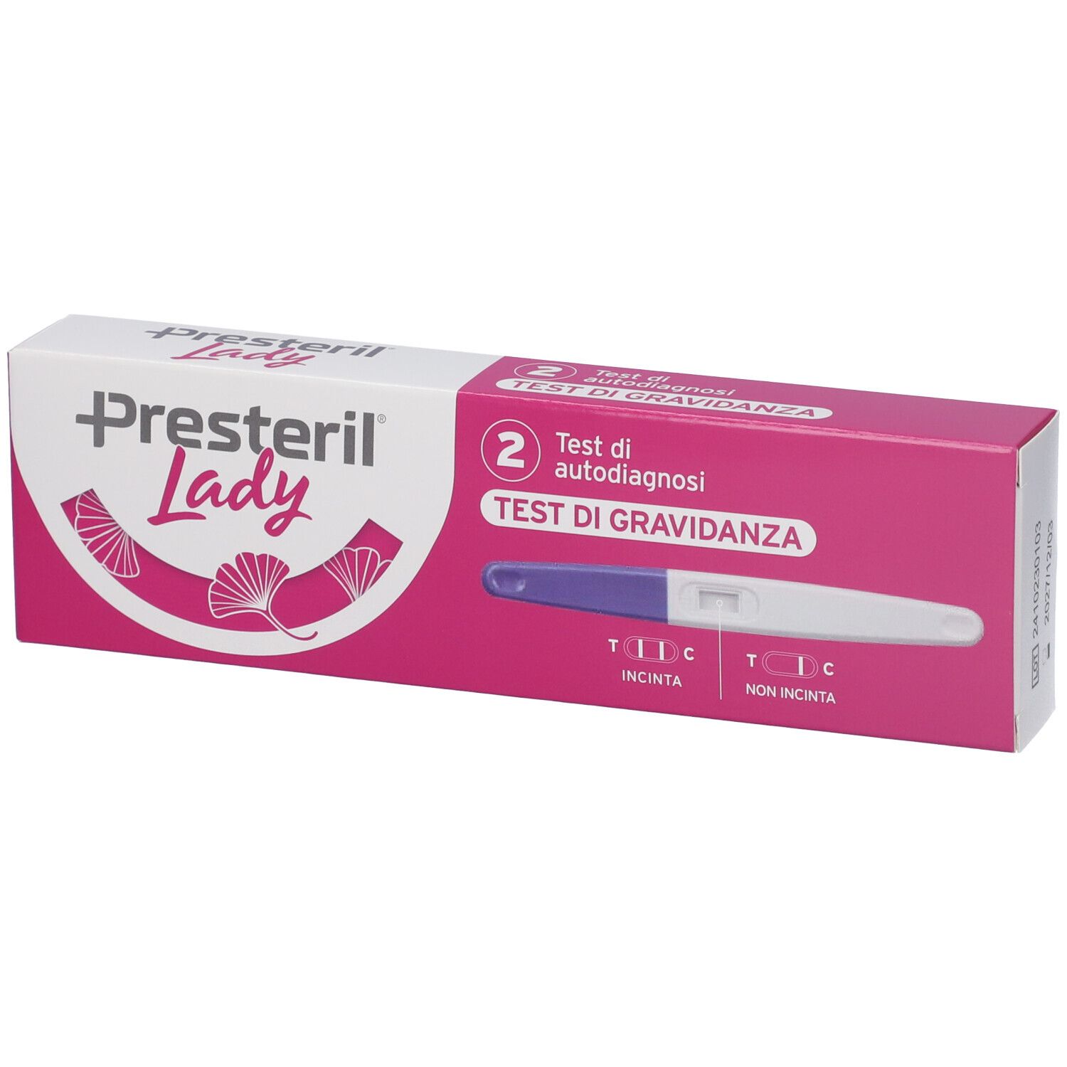 Confezione test di gravidanza Lady Presteril. Scatola rosa e bianca con immagine striscia e nome del prodotto.