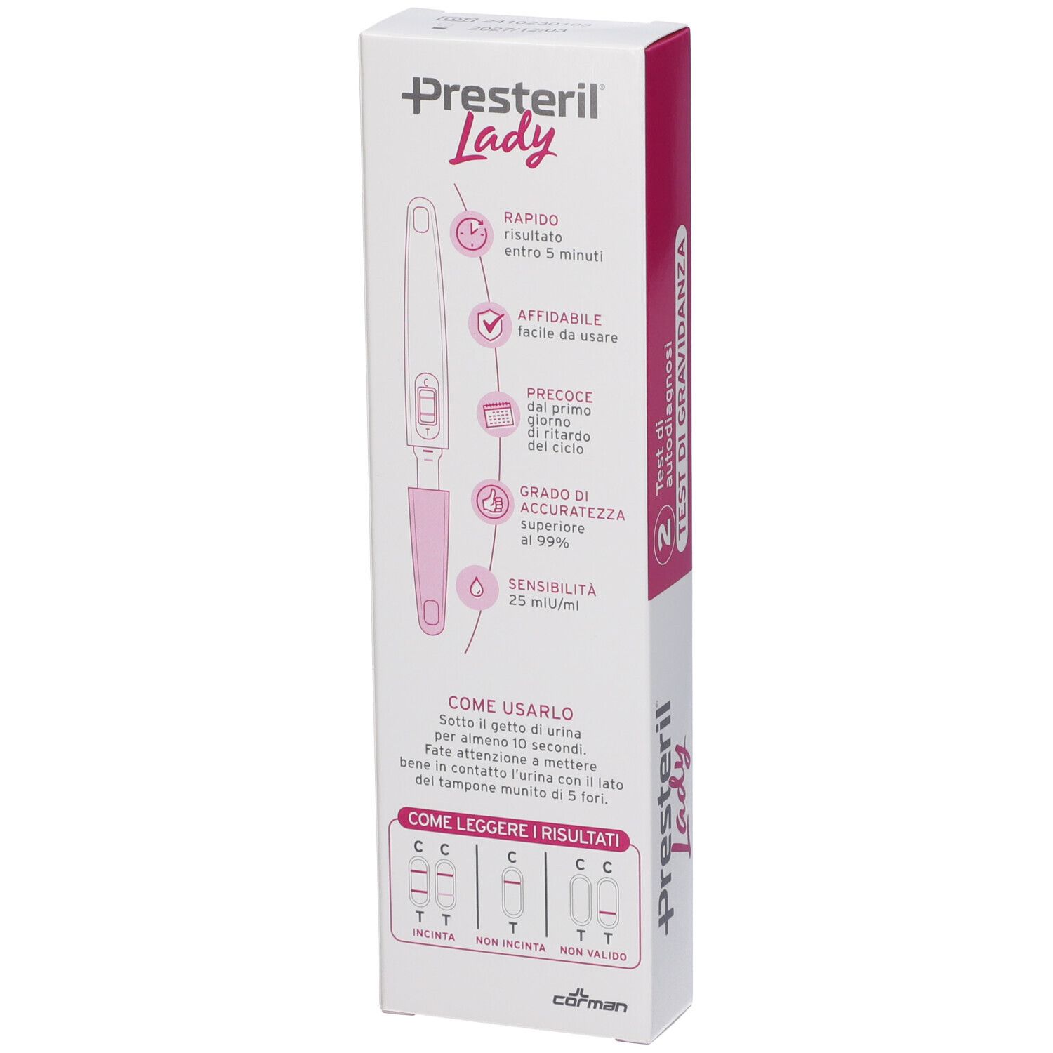Confezione Lady Presteril. Bianca con accenti rosa. Nome prodotto, immagine striscia e istruzioni per l'uso.