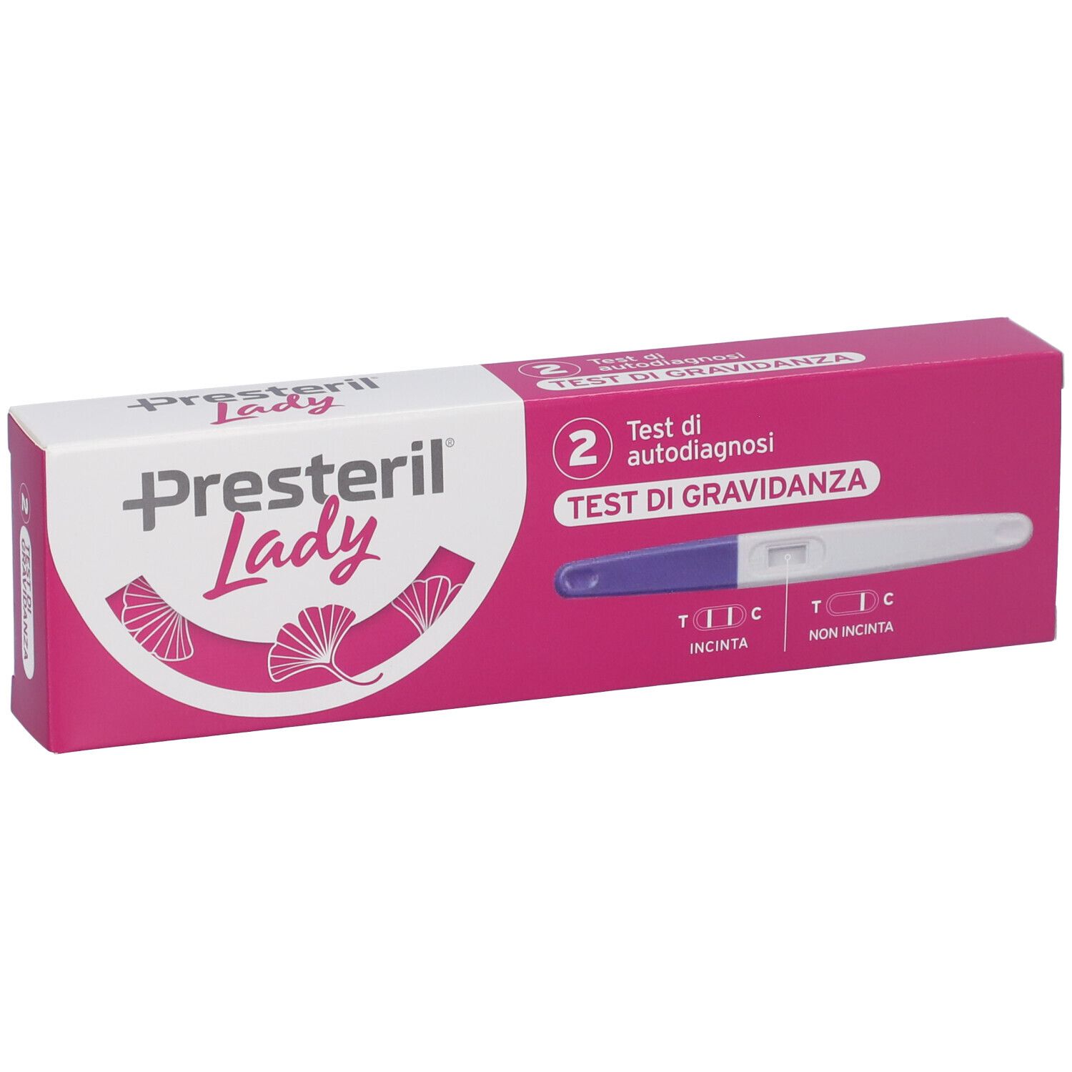 Confezione test di gravidanza Lady Presteril. Scatola rosa e bianca con immagine striscia e nome del prodotto.